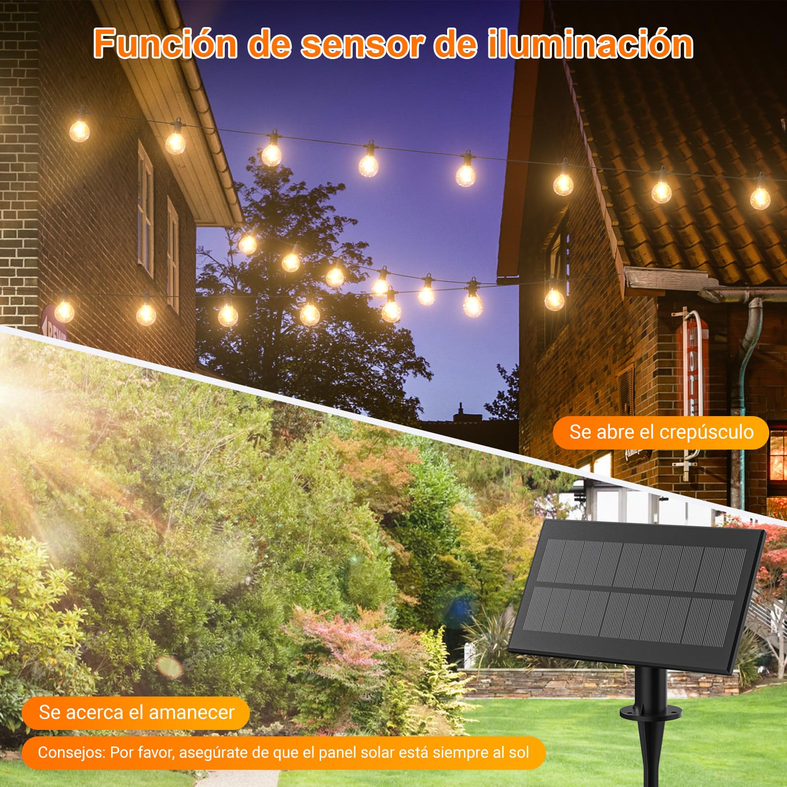 Kawaya Guirnaldas Luces Exterior Solar, 10M Cadena de Luces USB Recargable LED Luces Solares Exteriores Jardín 5 Modos con 15+1 Bombillas G40 para Exteriores Boda Terraza Garden Fiesta Blanca Cálida