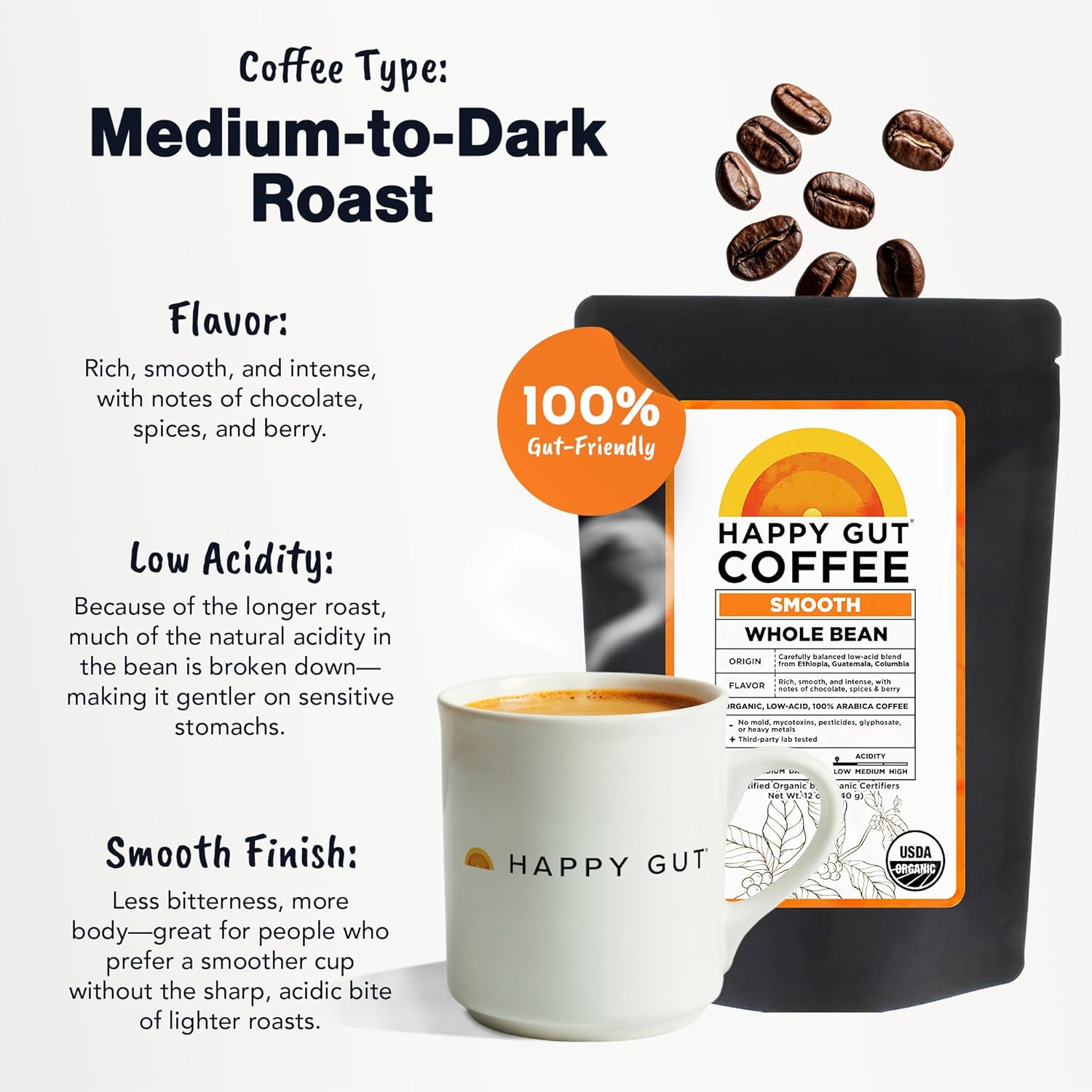 Happy Gut Coffee - Doctor-Formulated, Organic Medium-to-Dark Roast Coffee with Gut-Friendly Benefits - Gentle on Stomach - Rich Flavor, Gluten-Free, No Bitterness - 12oz - SMOOTH - Ground