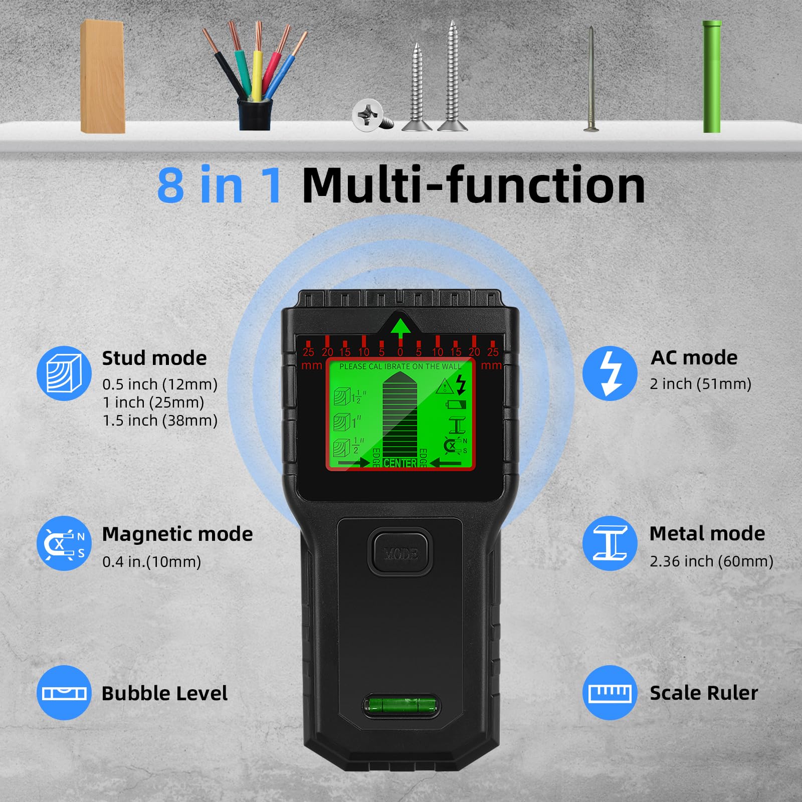 Sensore scanner da parete 8 in 1 con display LCD e allarme audio per legno, CA, filo vivo, bulloni metallici, rilevamento tubi (nero)