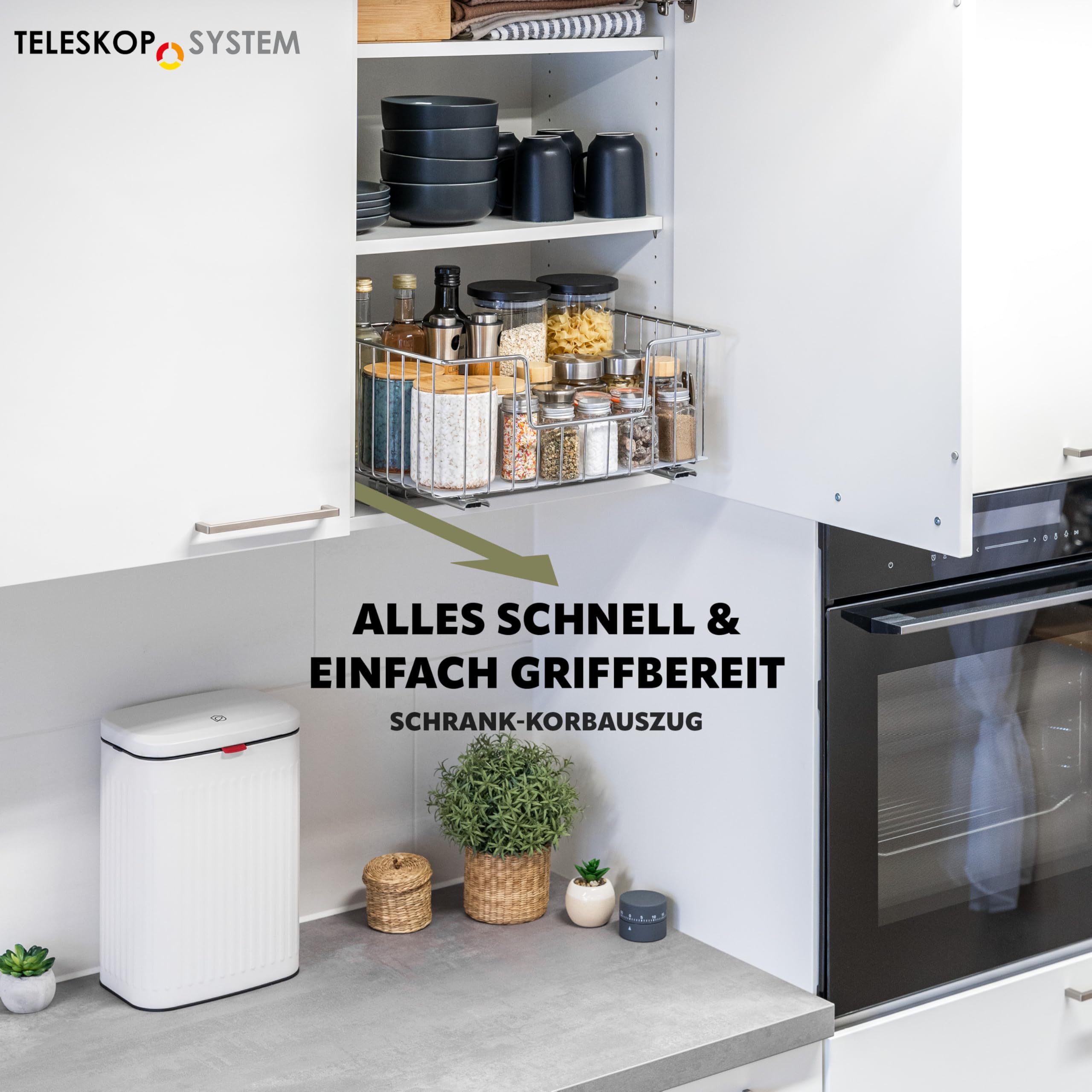 bremermann Korbauszug für Oberschränke 40 cm Breite, ausziehbarer Schrankeinsatz für Oberschränke, Regale und Speisekammer, Teleskop-Gewürzregal - Teleskopschublade mit Einlegeboden, Chrom
