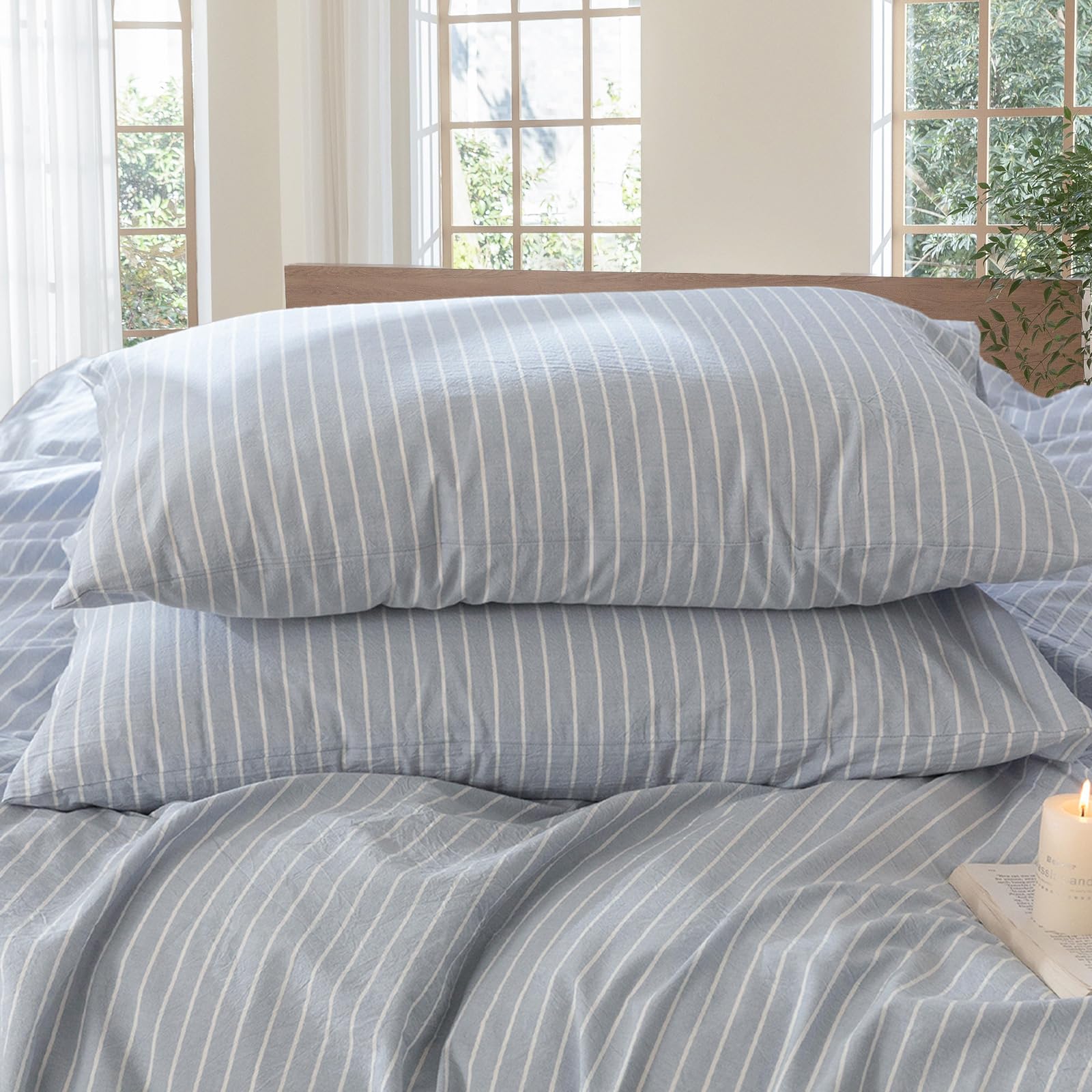 moomee bedding pillowcases striped pack of 2 100% washed cotton linen like textured breathable durable soft comfy (cornflower blue white wide stripes, queen)