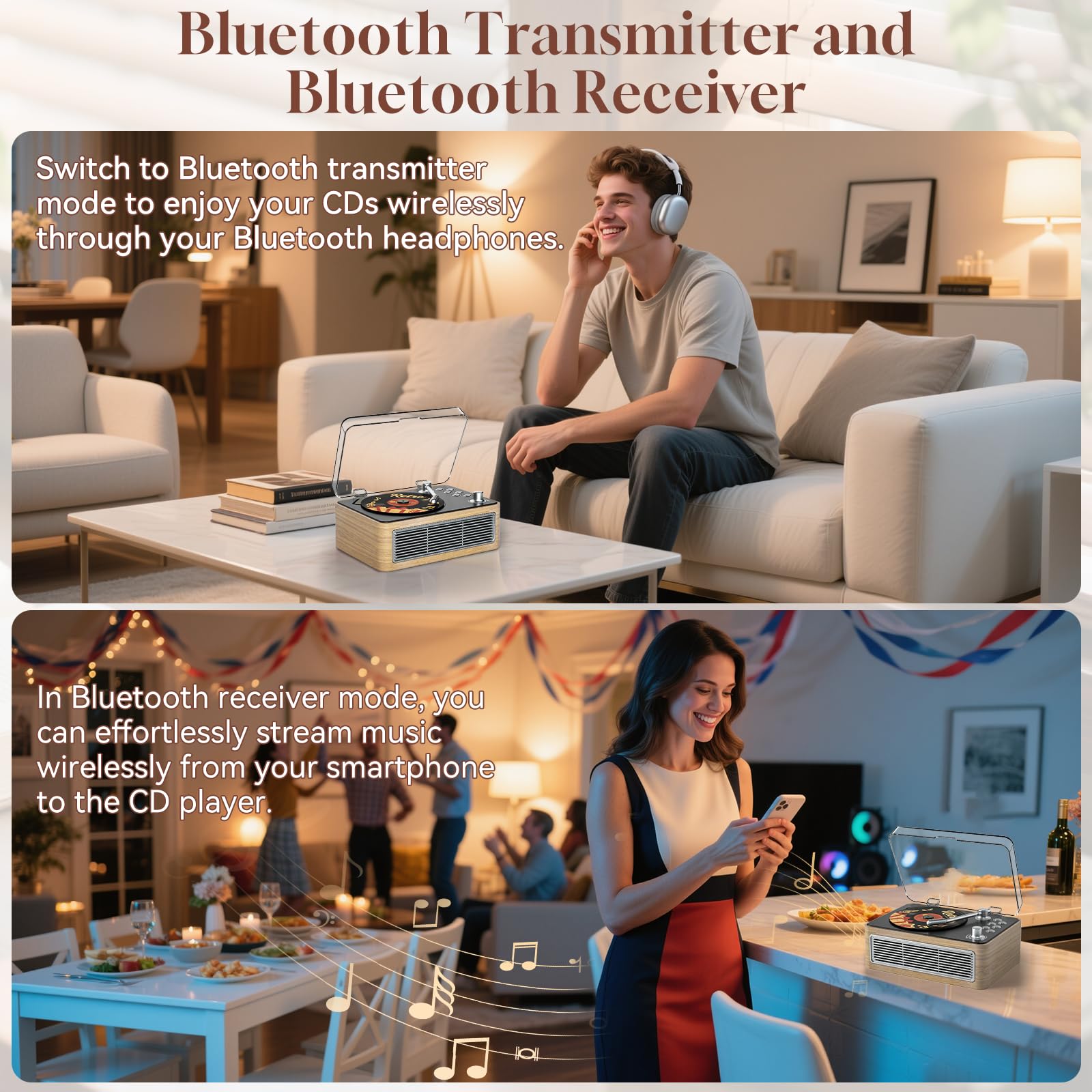 Gueray Lecteur CD Portable Bluetooth, Lecteur CD Rétro avec Haut-parleurs Batterie 3600 mAh Radio Télécommande, supporte la Lecture USB/AUX, Prise Casque, Chêne
