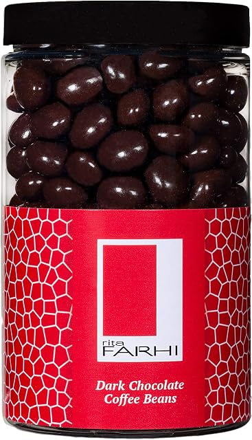 Rita Farhi Dark Chocolate Covered Coffee Beans in a Gift Jar - Chocolate Espresso Beans - 290 grams - Palm Oil Free
