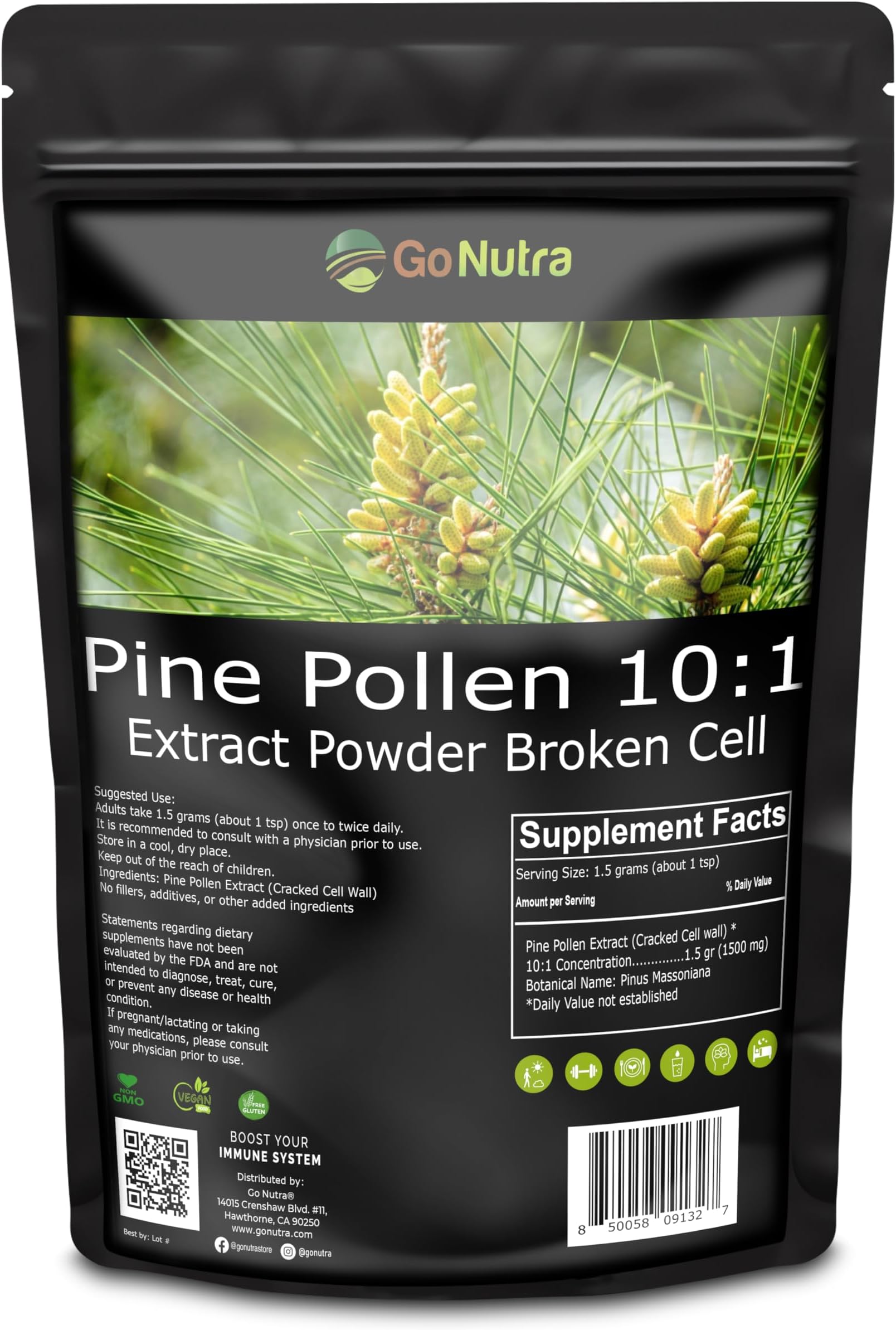 Go Nutra Pine Pollen Powder | Wild Harvested & Broken Cell Wall | Pure 10:1 Pine Pollen Extract, Antioxidant-Rich & Androgenic | Supports Health, Energy | Vegan, Non-GMO, Gluten Free | 6 Ounce