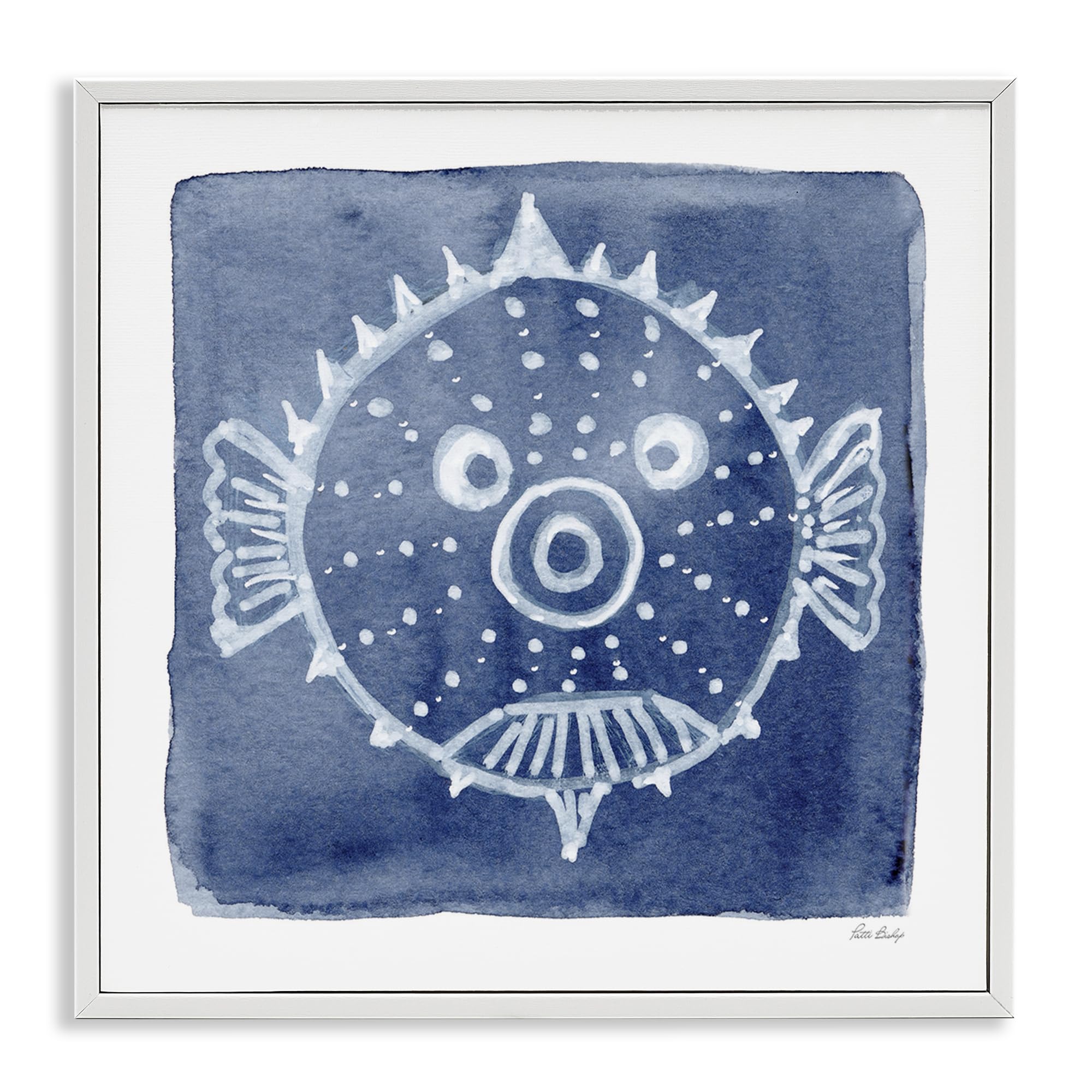 Stupell Industries Whimsical White Blowfish Indigo 'White Blow Fish On Indigo', Framed Giclee Art, White, 12 X 12 Inches, Easy To Hang And Sturdy, Made In Usa, By Patti Bishop