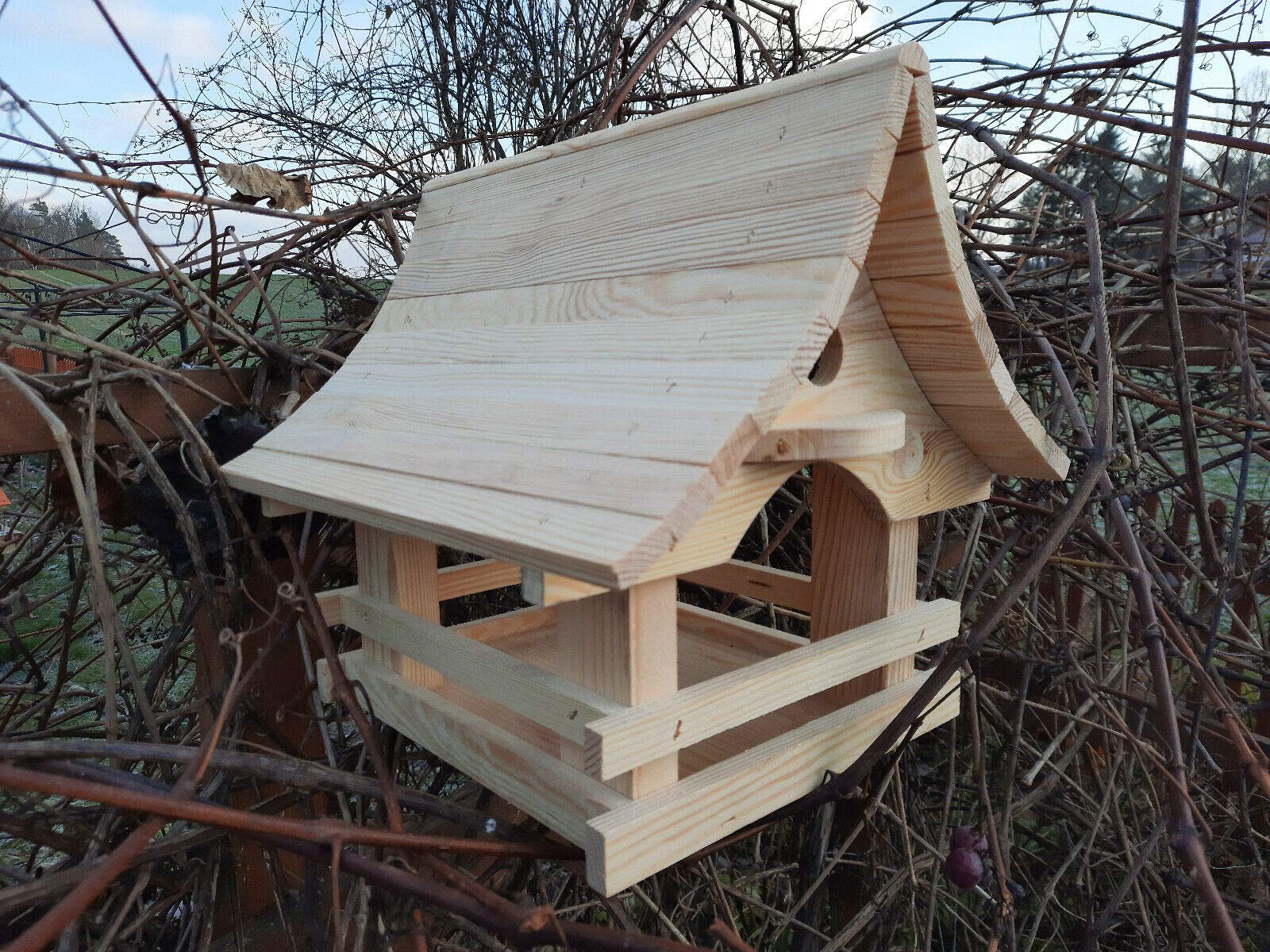 Vogelhuis met nestkast en standaard van hout, voederhuis, voederstation voor wilde vogels, vogelvoederhuis om neer te zetten voor de tuin of balkon, 6 kleuren, naturel