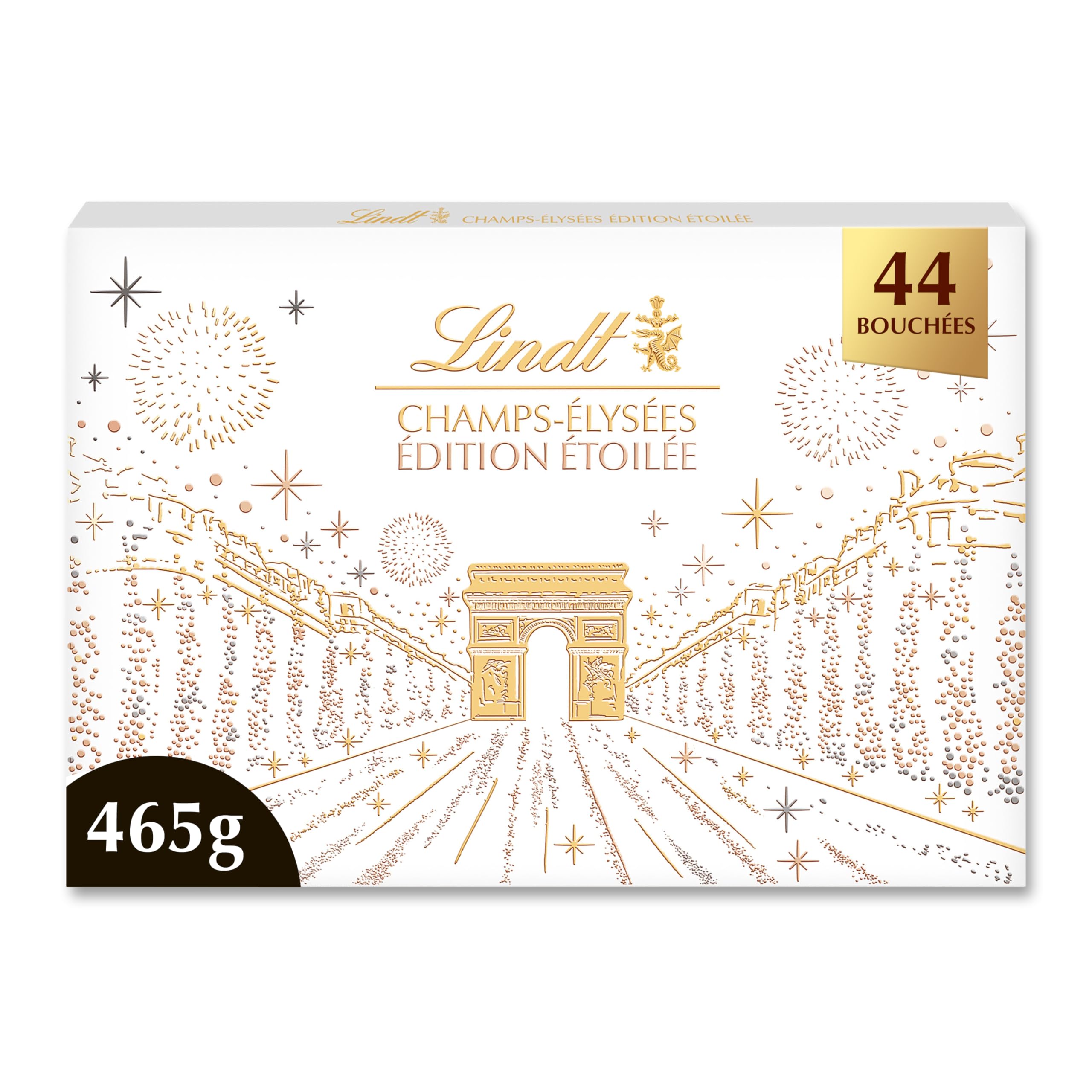 Lindt - Boîte CHAMPS-ÉLYSÉES Édition Étoilée - Assortiment de Chocolats au Lait, Noirs et Blancs - Pralinés, Croustillants et Onctueux - Idéal pour Noël, 465g