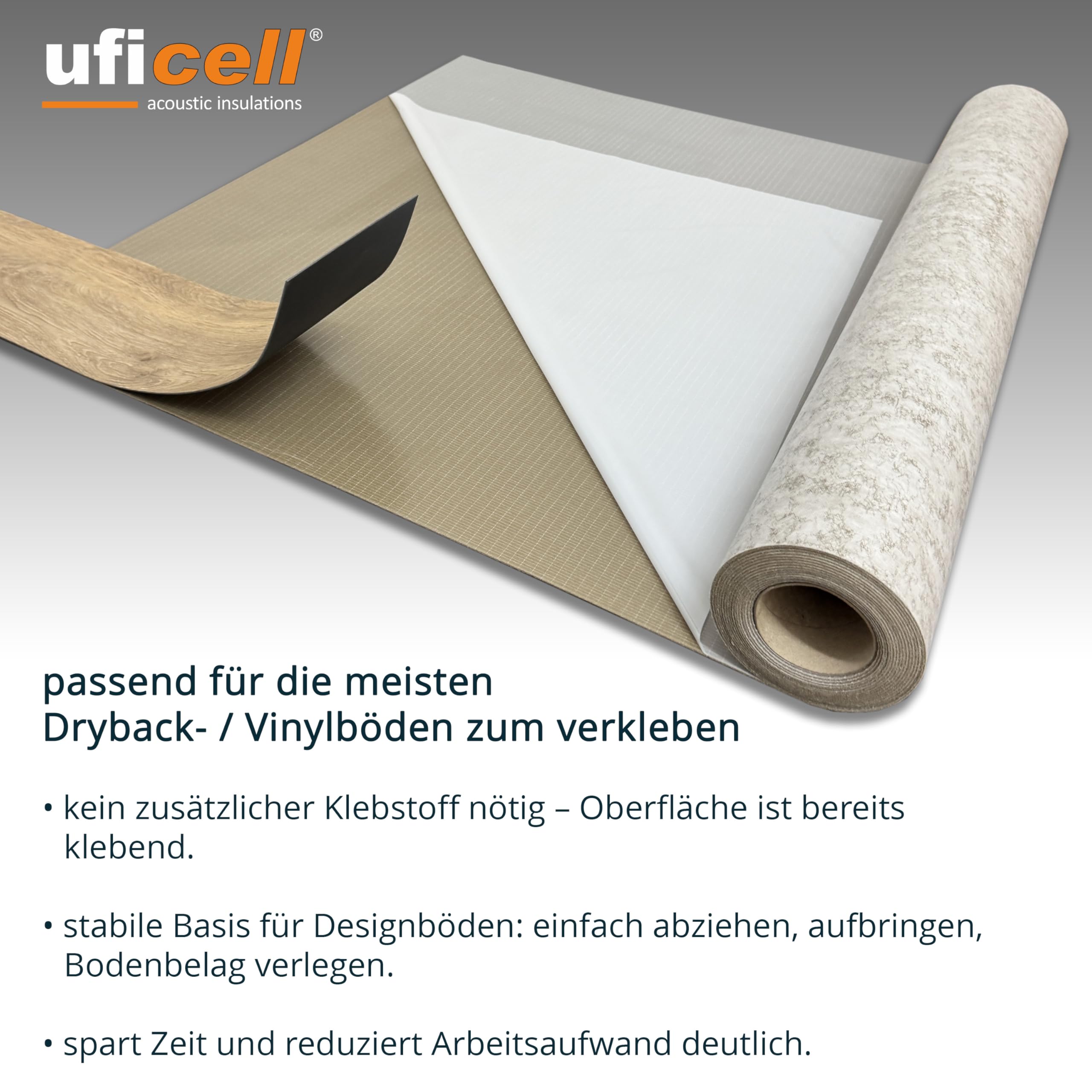 Dämmmatte uficell® VinoStick® silentPremium, selbstklebende Akustikmatte für Klebe Vinylböden, Flächengewicht ca. 2,6 kg/m² Druckfestigkeit: 450 kPa, Rollengröße: 6,5 m² (1 Rolle | 6,5 m²)
