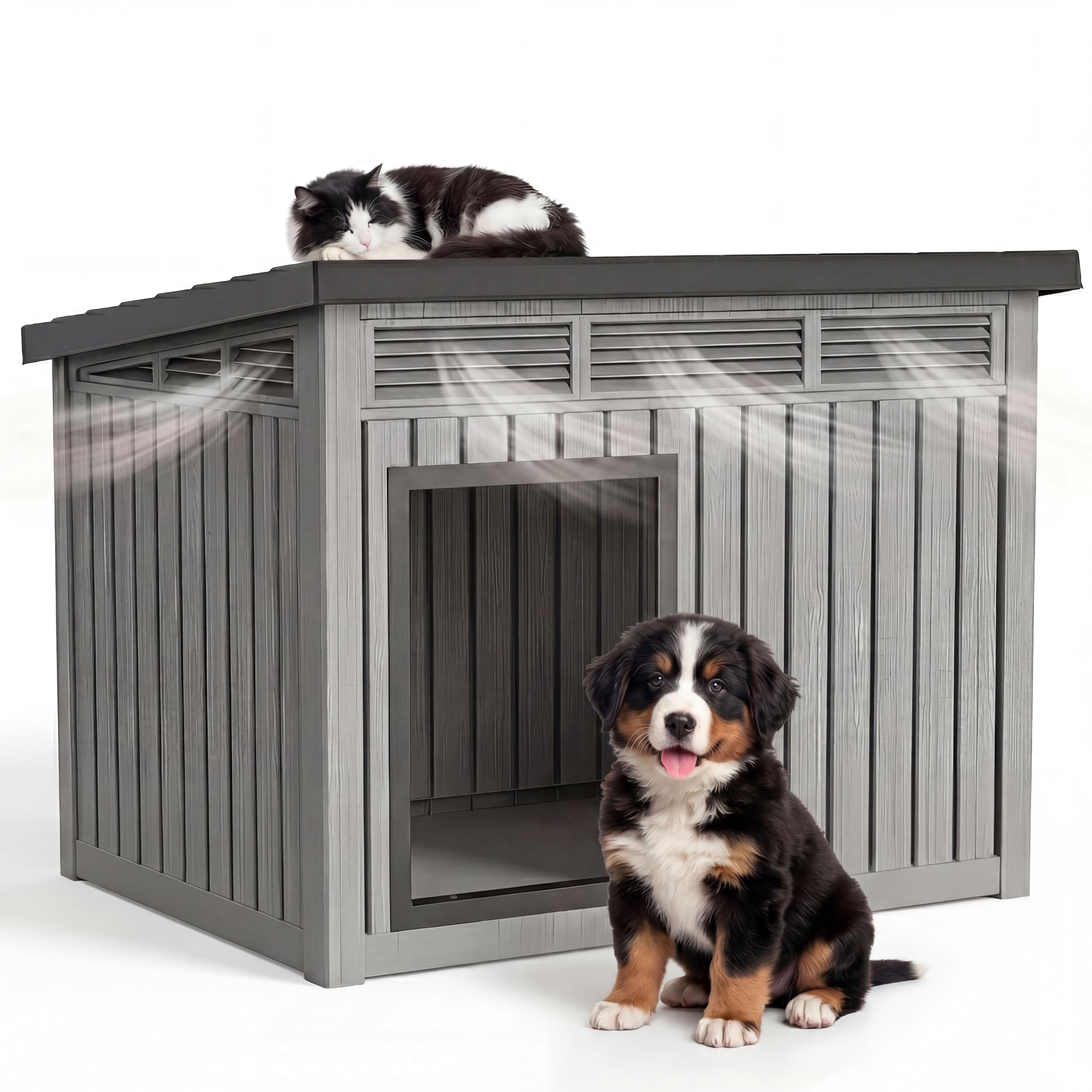 DRATO Small Dog House, Weatherproof Resin Dog House Outdoor with Sloped Roof &amp; Ventilation, Indoor Outdoor Small Dog House for Small Pets,Easy Assemble, (Classic Grey, 32.2 * 25.12 * 24.13)