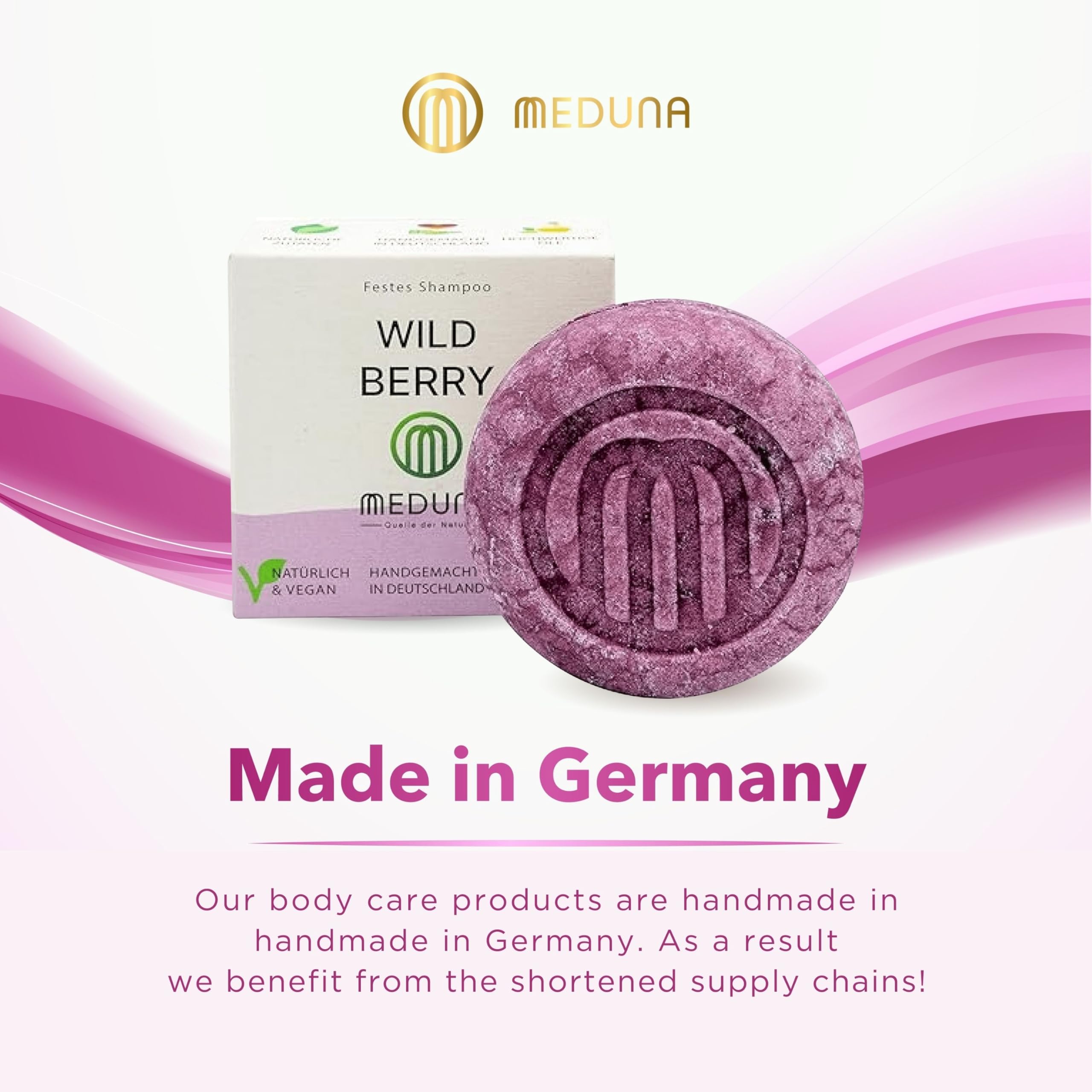 MEDUNA Shampoo per capelli solido Wild Berry 75 g – Profumo di bacche – Sapone per capelli con olio di cocco biologico e burro di karitè – Shampoo per la cura dei capelli – Shampoo per tutti i tipi di