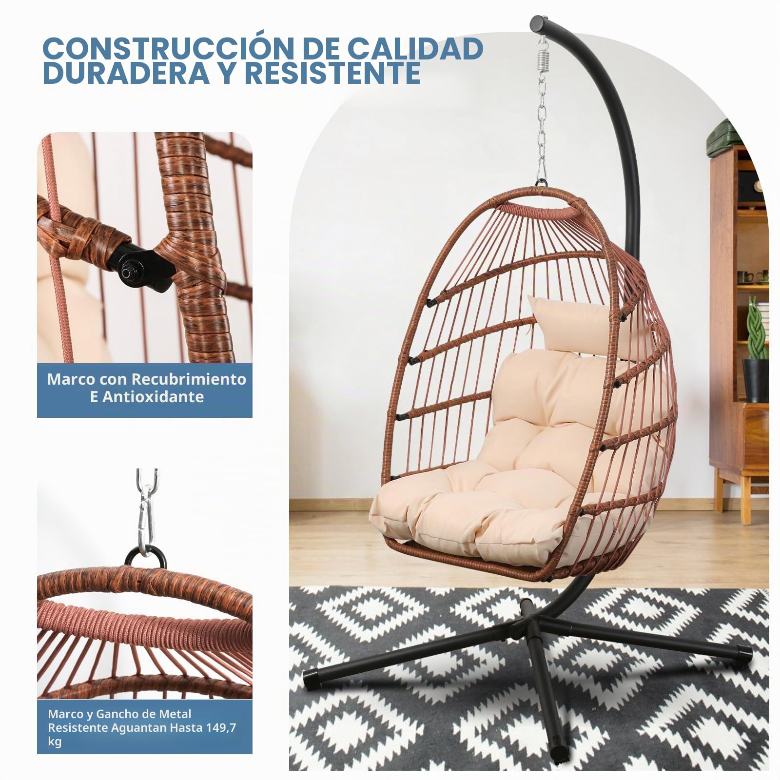 Goutime Silla Colgante de Huevo con cojín Resistente a los Rayos UV, Silla oscilante Plegable con Capacidad de 204KG para Interiores y Exteriores, jardín, Patio Trasero (Marrón Rojizo sin Soporte) | Silla oscilante plegable con forma de huevo, cojín inclu