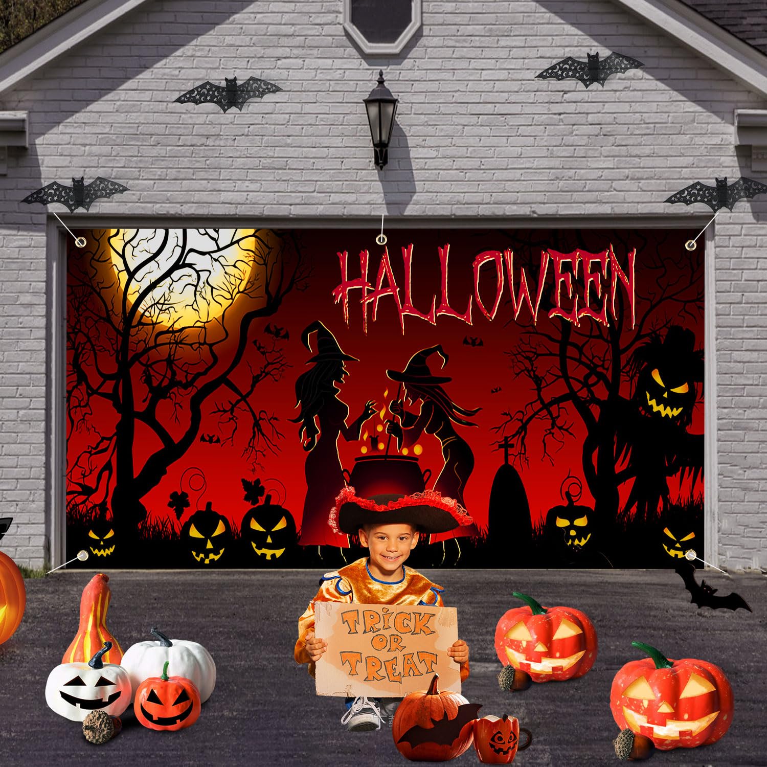 Halloween Garagentor Banner – 2,1x4,8 M, Polyester, Mit Killer-/Zombie-Motiv, Inkl. Bänder & Haken, Für Outdoor-Deko