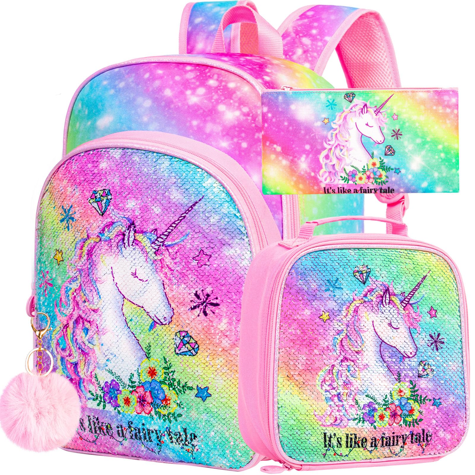 KLFVB3PCS Unicorn Mermaid Backpack for Girls, 16" Sequin Kids Bookbag and Lunch Box, Preschool Backpacks for Elementary