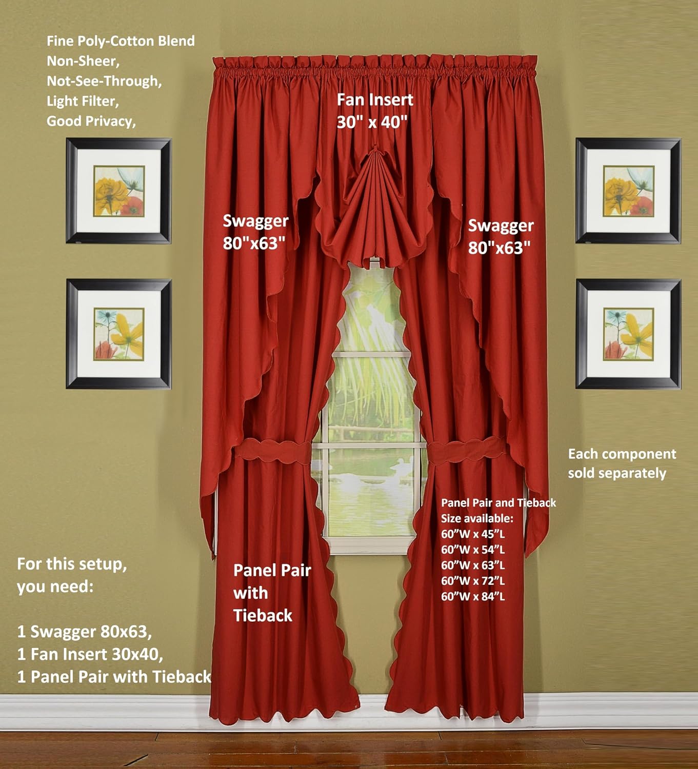 Today's Curtain, Orleans Scallop Curtain, Brick Red 45" Panel Pair and Tieback,4-Piece-Set, 60" W x 45" L, Brick Red