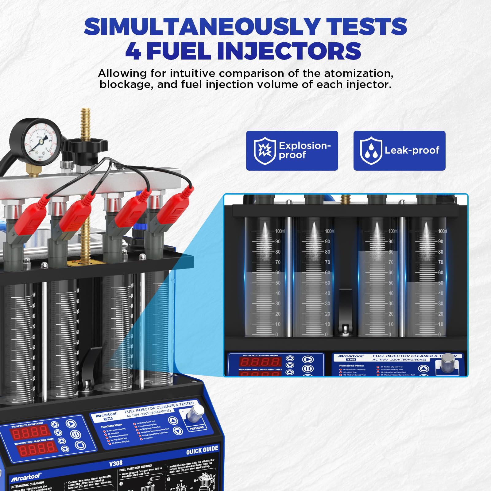 MR CARTOOL V308 Máquina Limpiadora de Inyectores de Combustible de 4 Cilindros, Máquina Probadora de Inyectores, Kit de Limpieza de Inyección de Sistema de Combustible Ultrasónico Calentado para