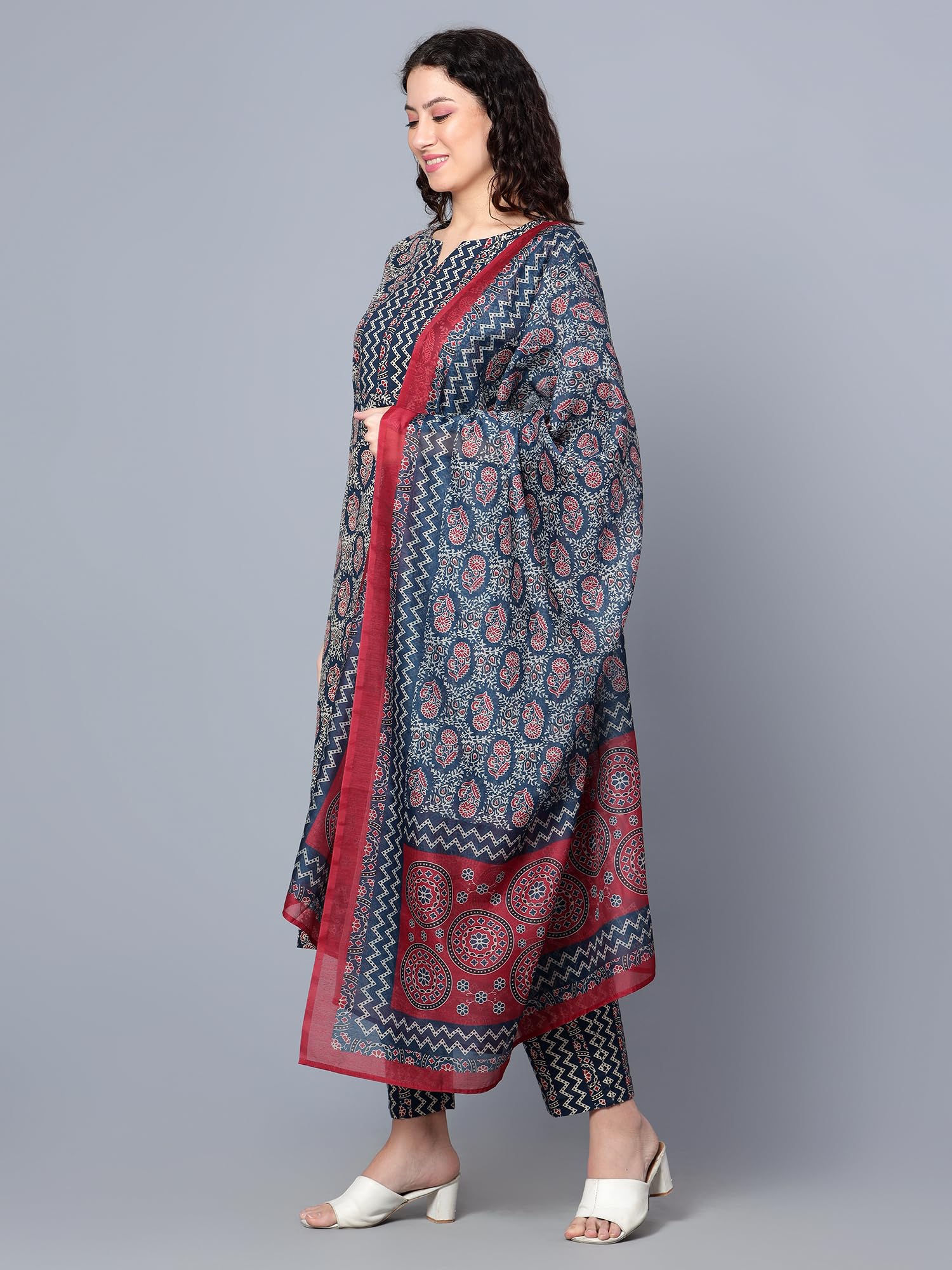 Idalia Womens Ethnic Wear Pink Printed Straight Cotton Kurta Set With Dupatta For Women (Indigo Blue, Small)