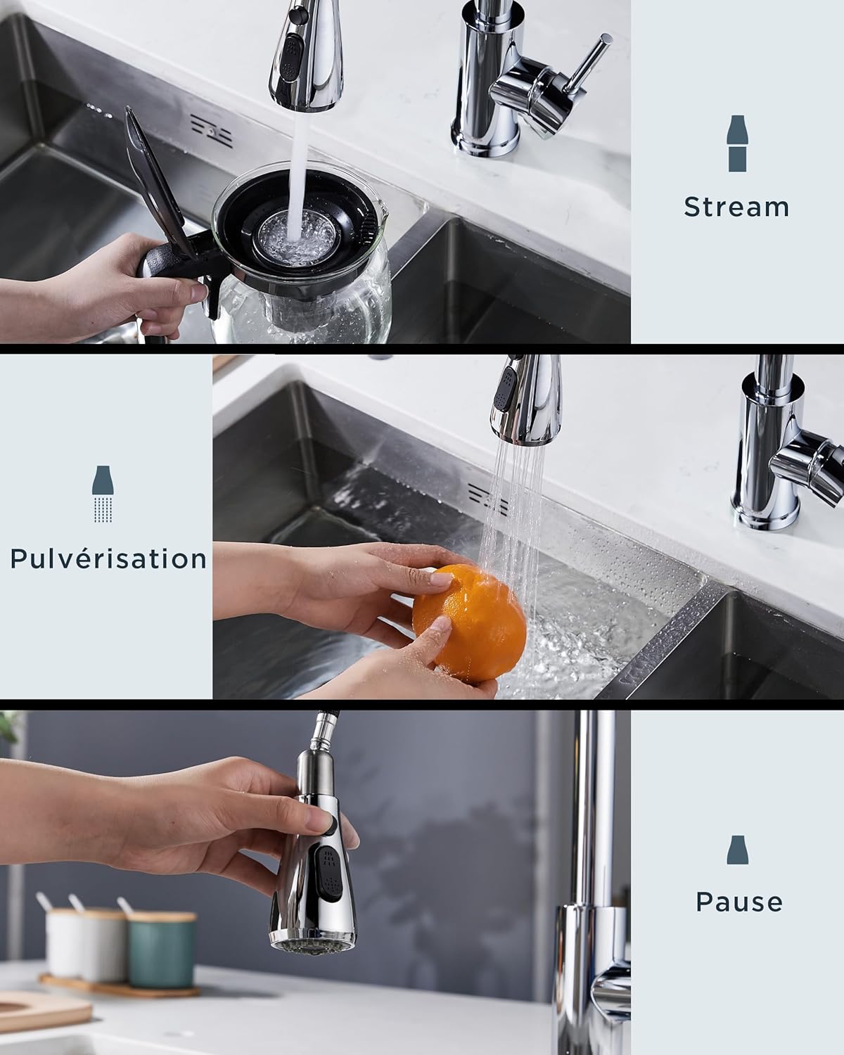 FORIOUS Kitchen Faucet showing stream, spray, and pause modes