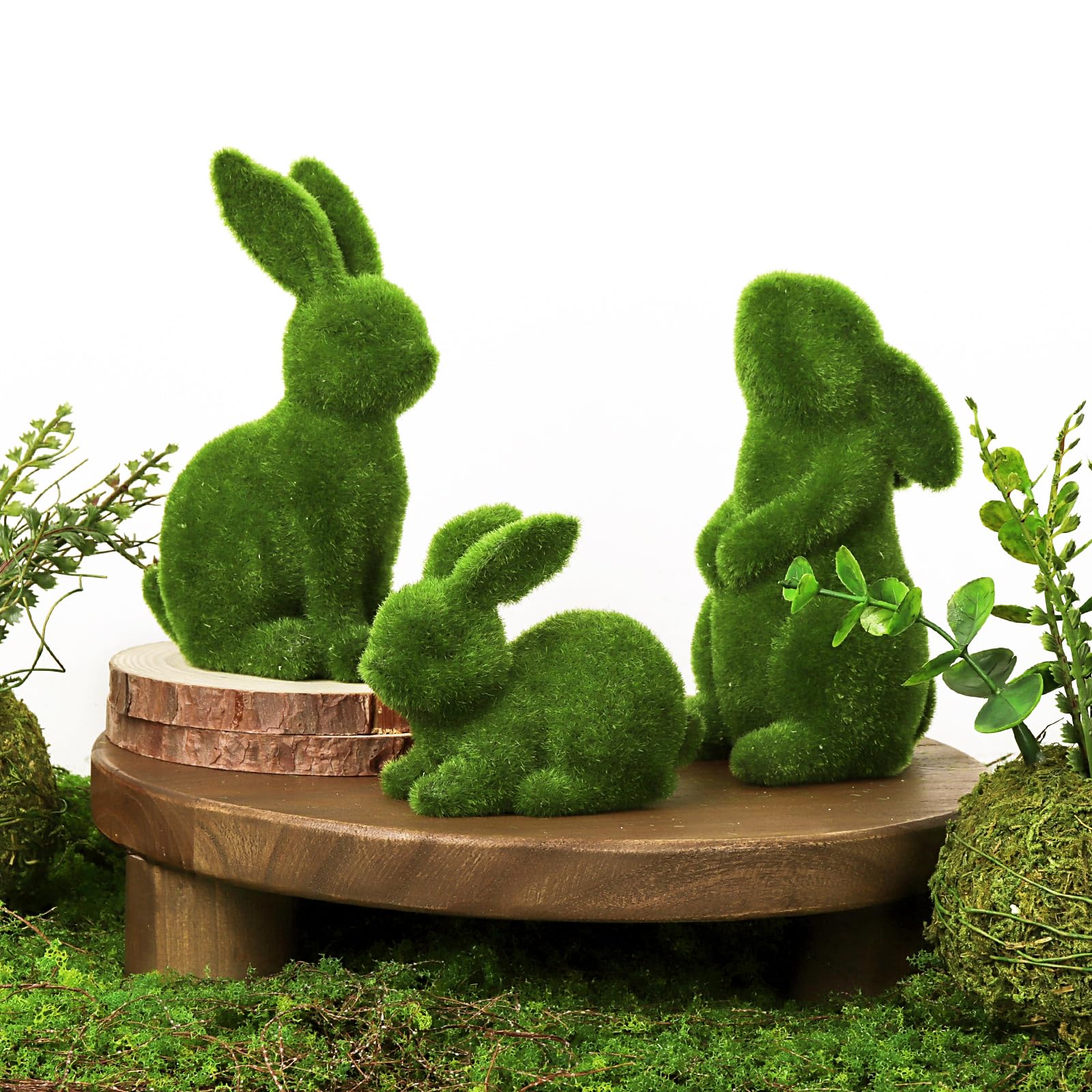 PawlissBunny Decor: Moss Flocked Resin Rabbit Figurines Set of 3, Green Furry Easter Bunny Statue for Spring Home Office Table Decor, Party Supplies Gifts for Kids and Friends