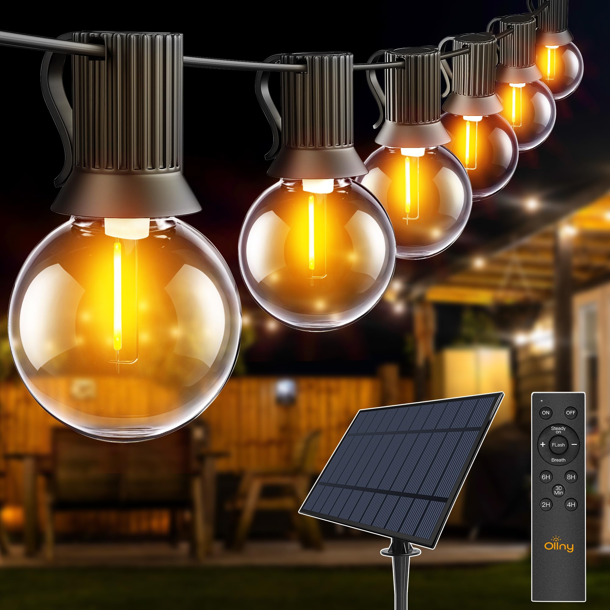 Ollny Solar Lichterkette Außen 10M mit 16+1 LED-Glühbirnen, Solarbetriebene G40 Außenbeleuchtung mit Fernbedienung, 3 Beleuchtungsmodi, Timer-Funktion, IP65 wasserdichte für Garten, Balkon, Partydeko