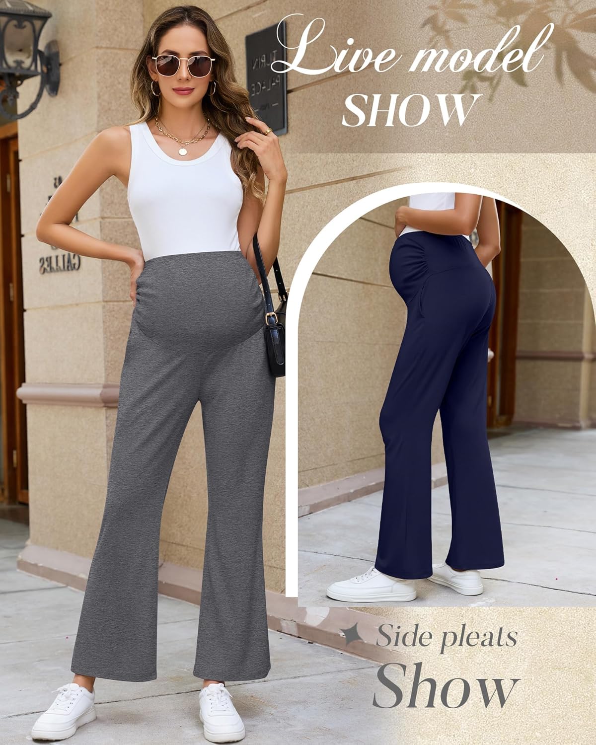 3 Pack Women's Maternity Pants Over The Belly Pregnancy Pants Comfy Bootcut Pregnant Sweatpants with Pockets(Navy Blue, Heather Gray, Wine Red,X-Large) - Image 5