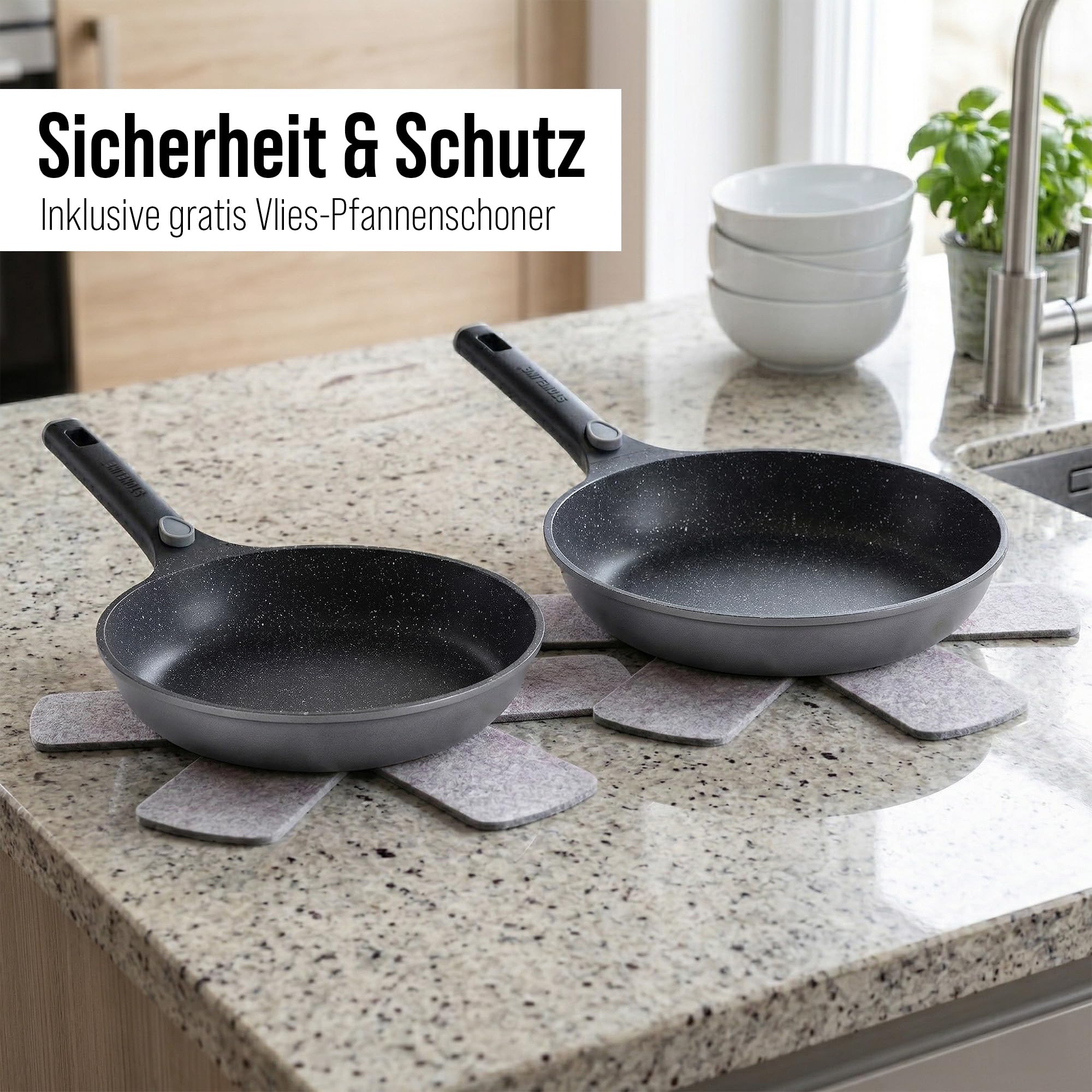 STONELINE SMART Juego de Sartenes 2 Piezas 24/28 cm, Sartén Grande Aluminio Fundido, Mango Desmontable, Sartén Inducción, Todo Tipo de Cocinas, Antiadherente con Partículas de Piedra Reales, Gris