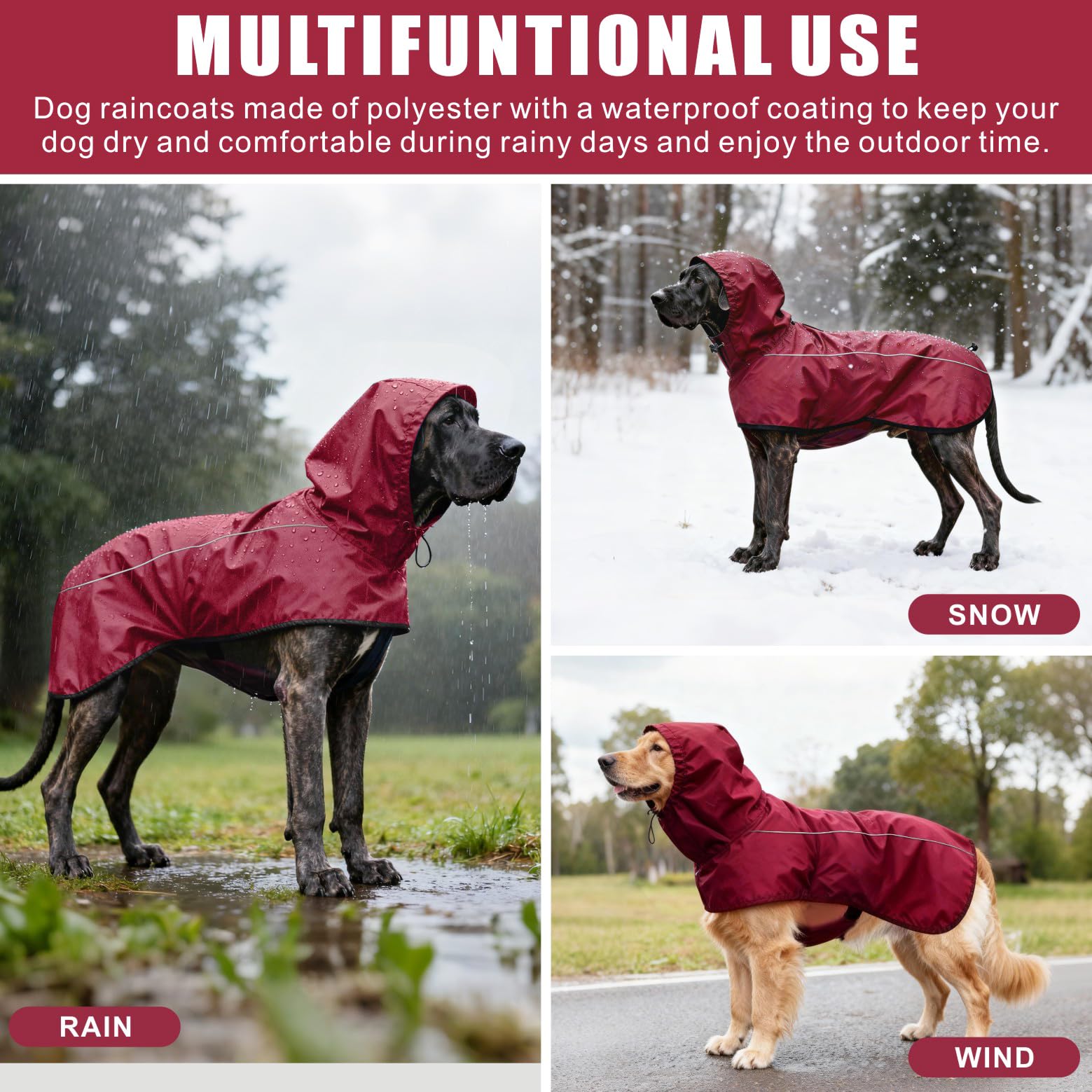 Giacca da Impermeabile per Cani Cappuccio Riflettente Cappuccio da Pioggia per Animali Domestici Poncho con Vestiti per Cani Piccoli e Medi (Rosso, S)