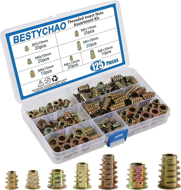BESTYCHAO Threaded Insert Nuts, 125Pcs 7 Sizes Zinc Alloy Furniture Hex Socket Screw, M4 M5 M6 M8 Assorted Flat Head Threaded Rivet Nut Assortment Kit for Wood Furniture
