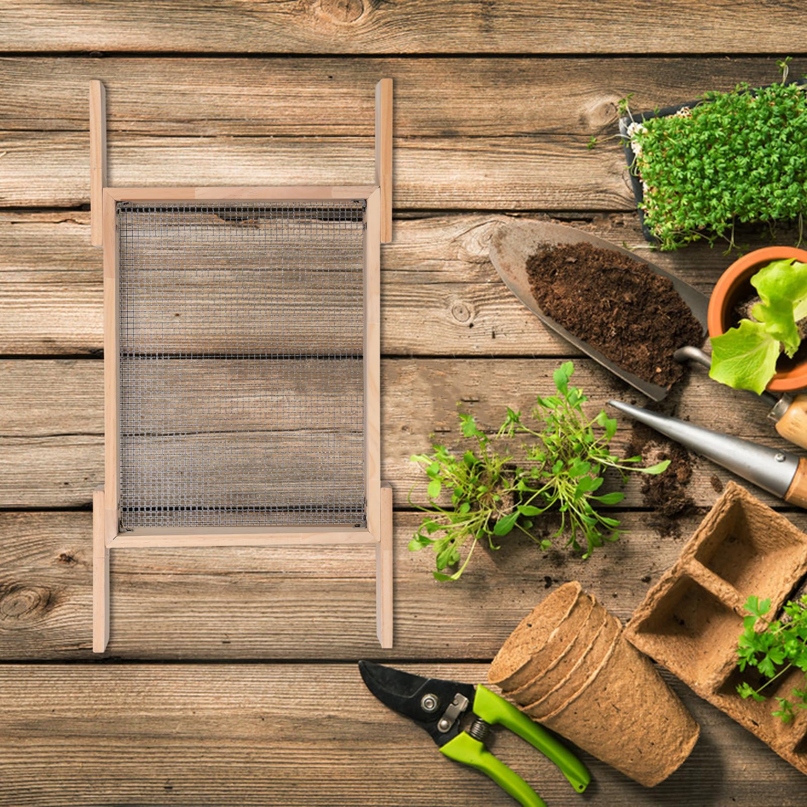 Hemobllo Setaccio per Terreno in Legno con Manico Smontabile 44x34 Cm, Filtro a Maglie Fini per Giardinaggio, Setaccio da Giardino per Compost, Sabbia e Rocce, Attrezzo Portatile per Cura