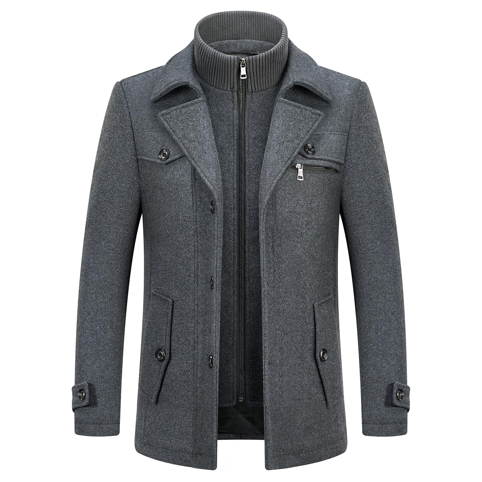 KUDORO Manteau Homme en Laine Chaud Mi-Long Hiver Trench Coat Slim Fit Classique Parka Pardessus Caban Business Duffle-Coats Coup-Vent Revers Overcoat