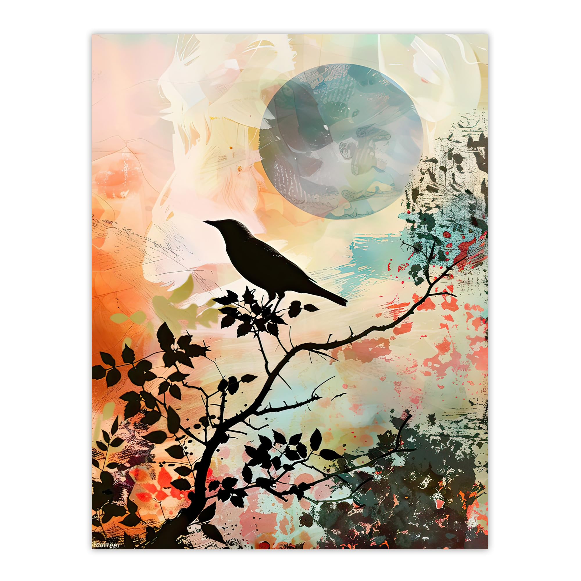 Artery8 Bird in Tree Sunset Artwork Calm Peaceful Nature Living Room Extra Large XL Wall Art Poster Print