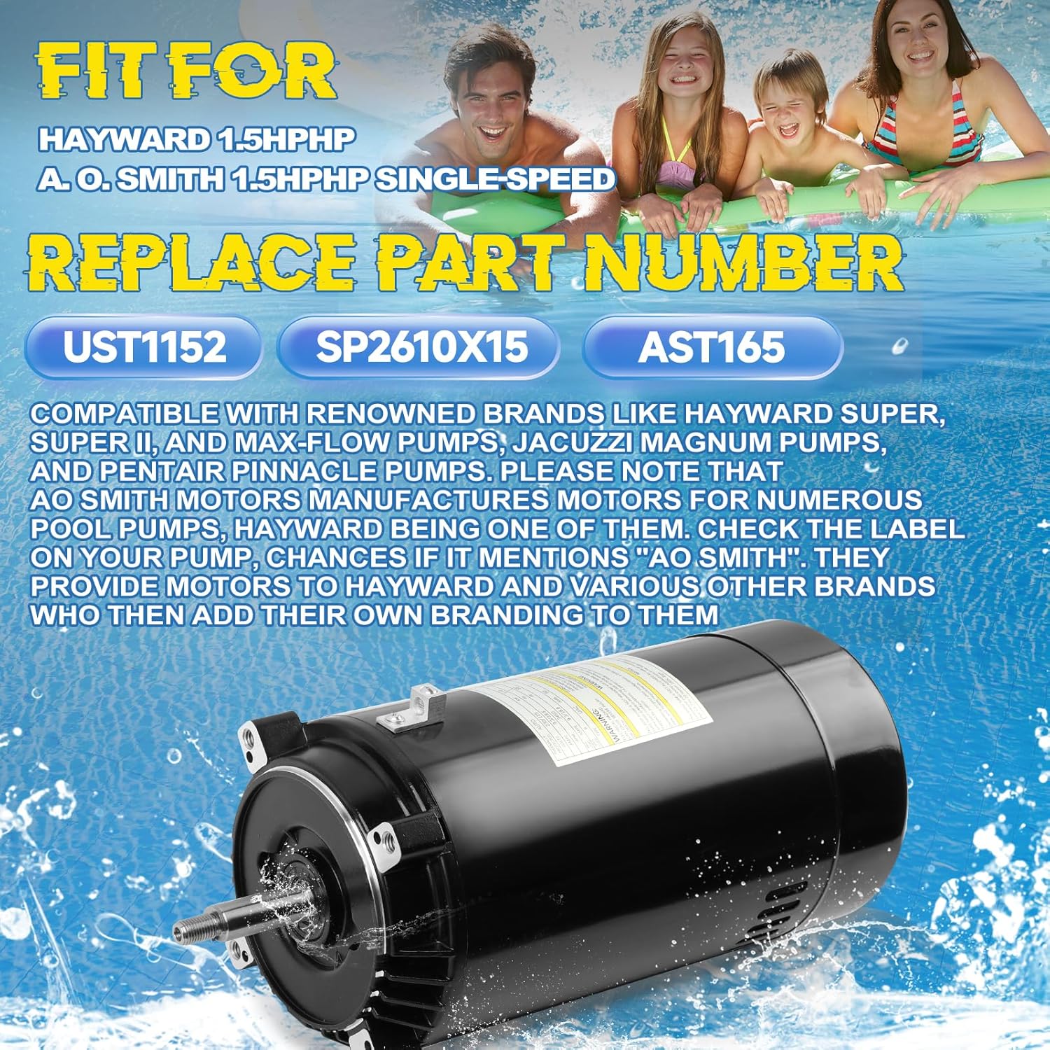 UST1152 Pool Pump Motor Fit for A.O. Smith Century Motor Single Speed 56J Frame 115/230V 1.5 HP Fit for Hayward Super Pump 1.5 HP