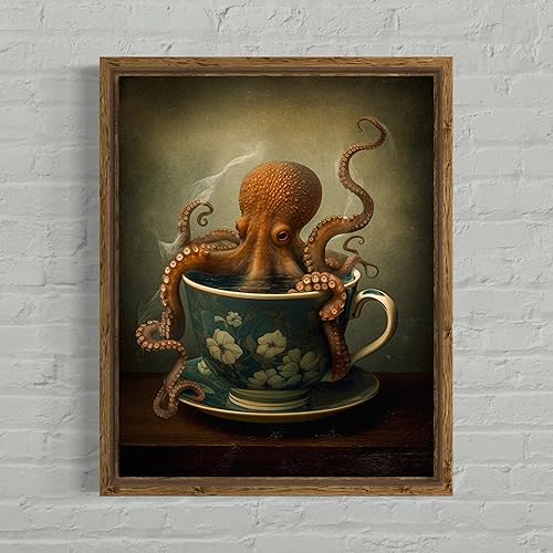 Miniatura 4 de Pulpo en una taza de té Pintura al óleo, decoración de pulpo, decoración de cocina gótica, arte de pared de cocina Moody, arte animal extravagante,
