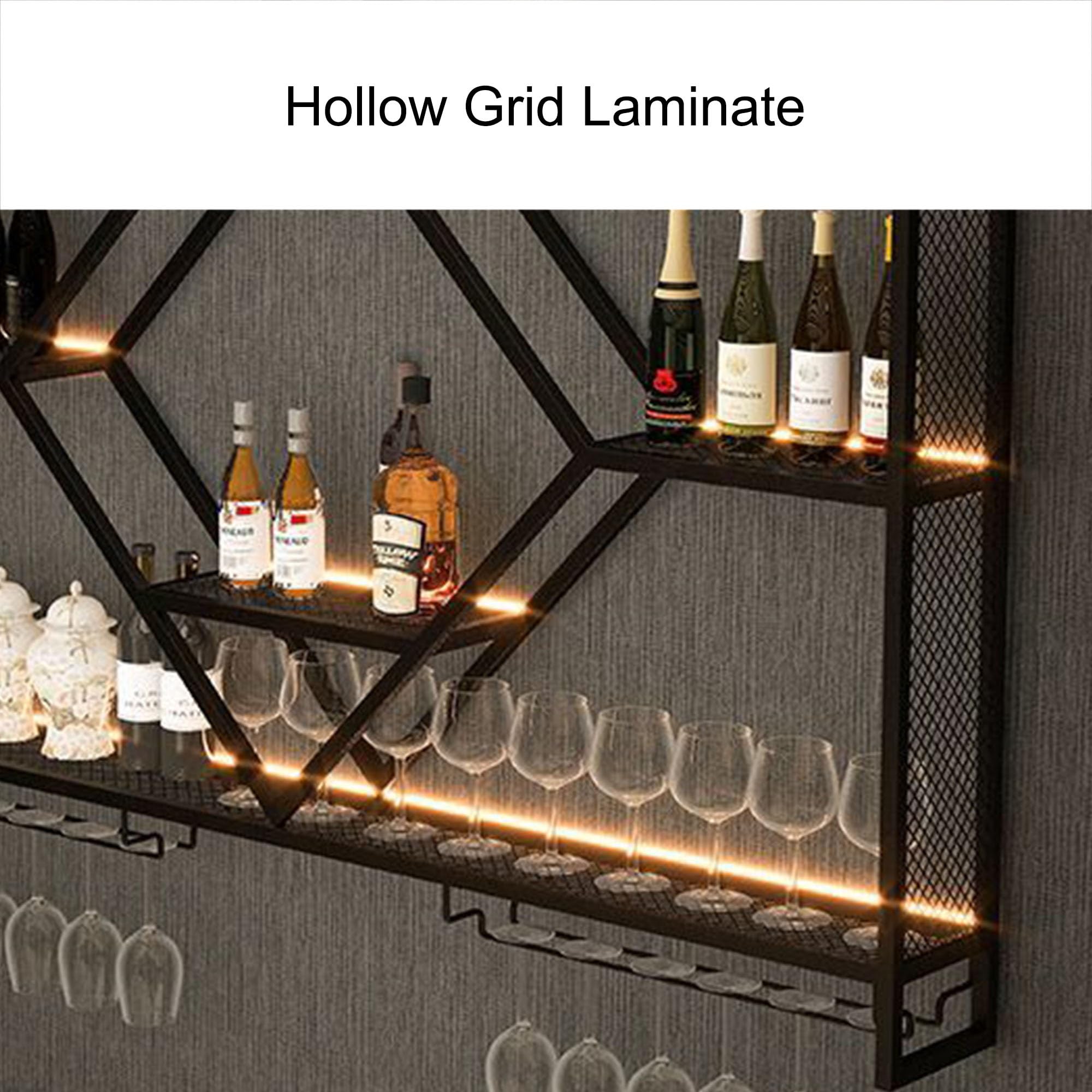Mensole galleggianti da bar con luce a LED, da appendere al muro, porta bicchieri da vino e bottiglie di liquore, in metallo, per casa, bar o cucina, nero/oro