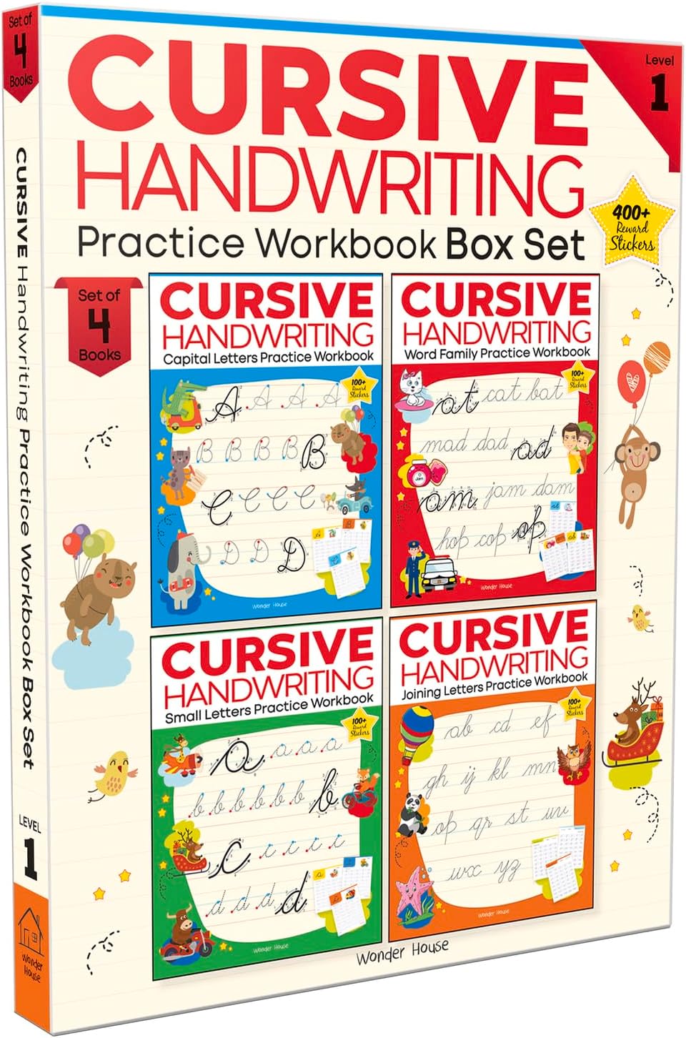 Wonder House Books Cursive Handwriting - Small Letters, Capital Letters, Joining Letters and Word Family : Level 1 Practice Workbooks For Children (Set of 4