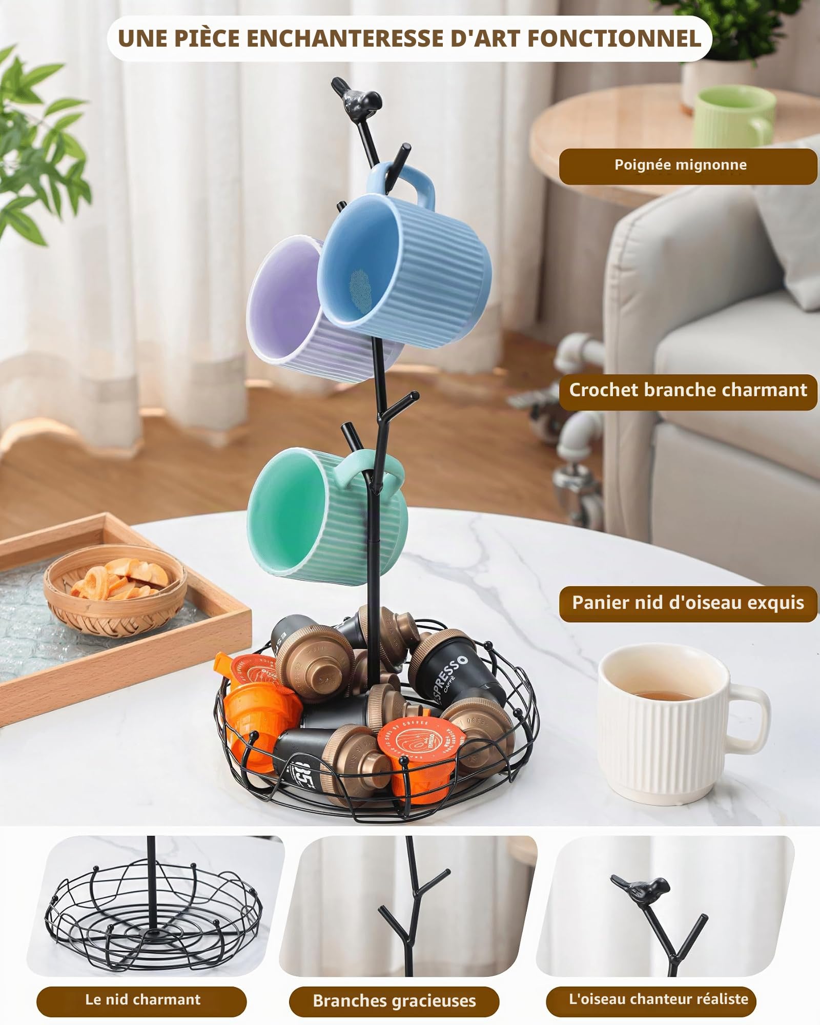 Porte-tasses décoratif pour comptoir | Arbre à tasses à café avec panier de rangement nid d'oiseau | Peut contenir 4 grandes tasses | Décoration de cuisine fantaisiste, accessoires de bar à café et