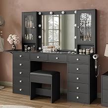FUSOU Dressing Table with Mirror and LED Bulb Lights, Vanity Desk with 12 Drawers, 2 Cabinet, Fold-up Panel, Makeup Desk with chair for Bedroom, Transparent Glass Top, Black
