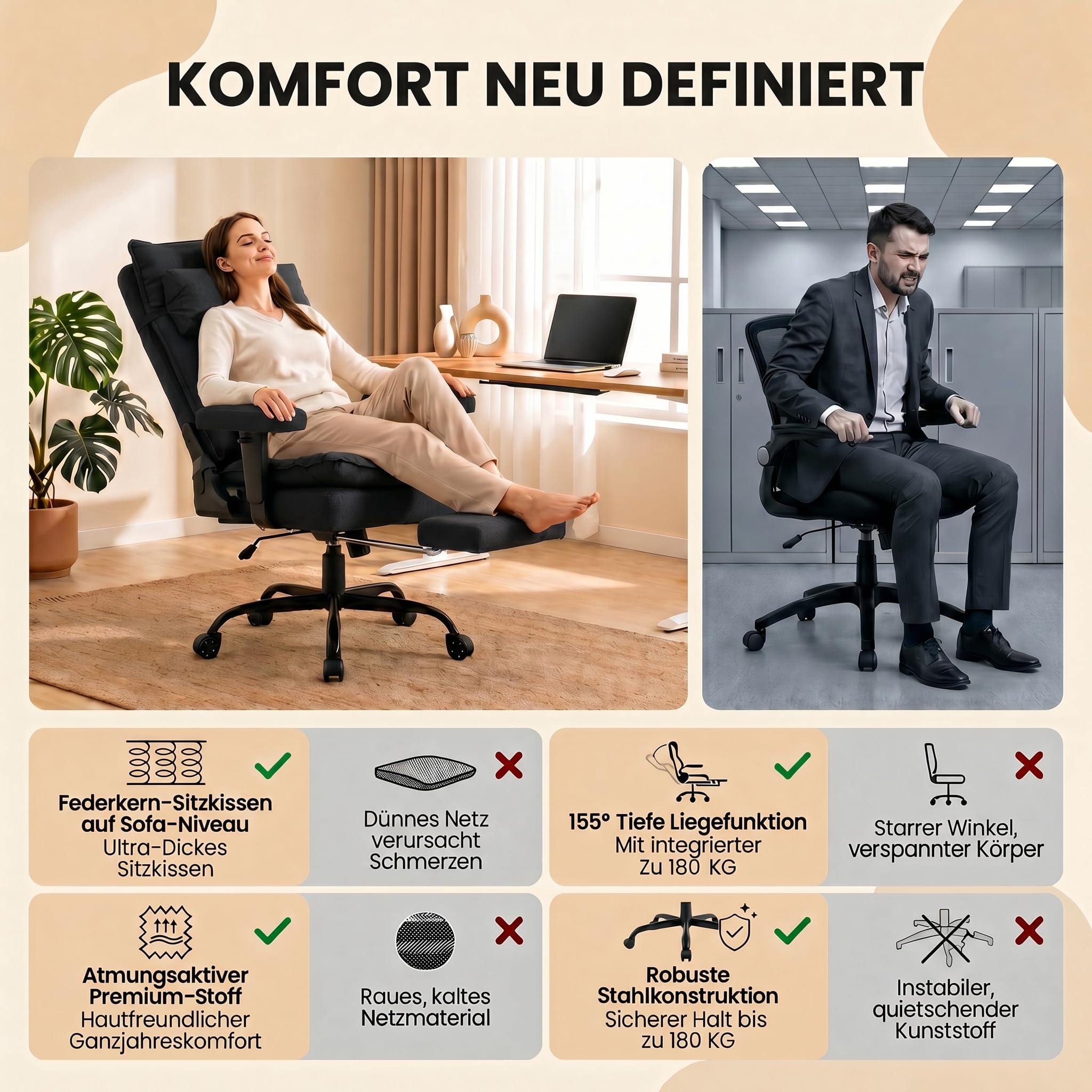 EXCEBET Ergonomiczne krzesło biurowe z obiciem materiałowym, obciążenie do 180 kg, oddychające krzesło biurowe z podparciem okolic lędźwiowych i podnóżkiem (czarny)