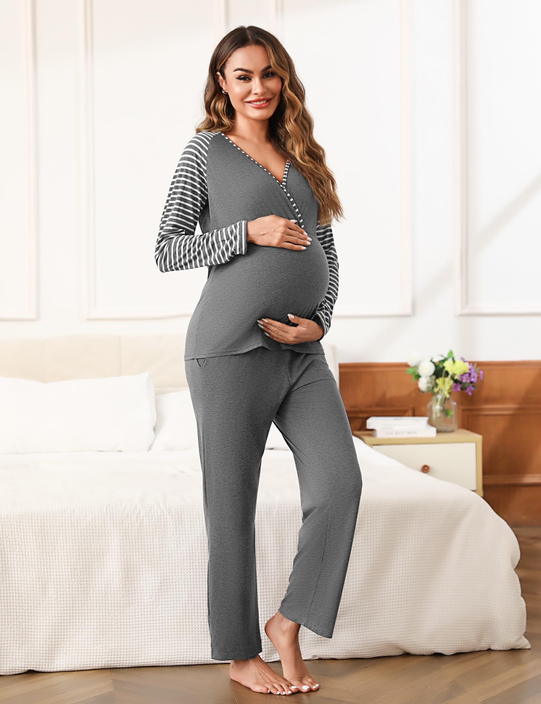 Bresdk Stillpyjama Damen Lang Zweiteiliger Schlafanzug Langarm Umstands Stillschlafanzug Baumwolle Pyjama Stillfunktion Geburt Set Maternity Pyjama