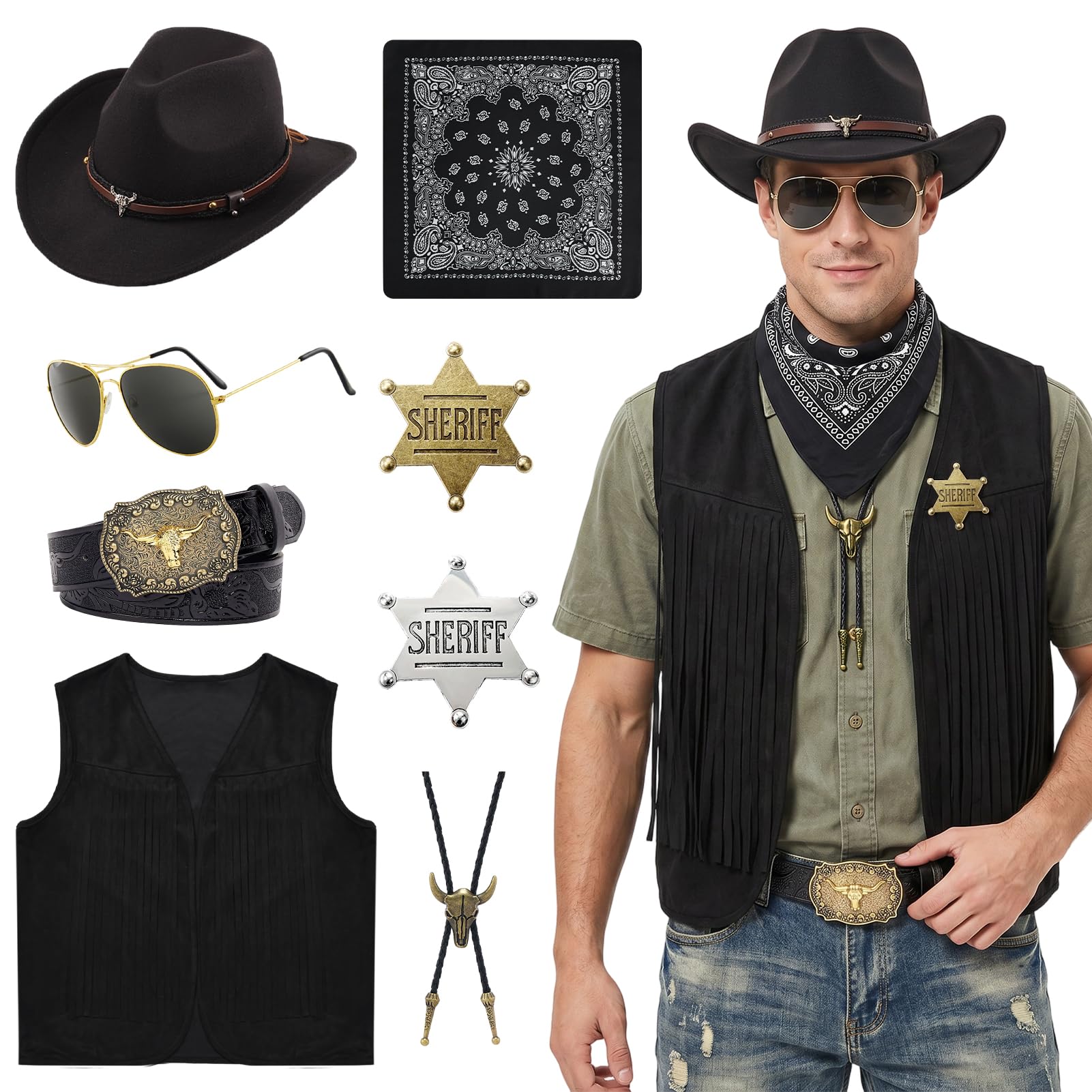 Crittygo Cowboy Outfit Mens, Western Cowboy Costume for Halloween Cosplay