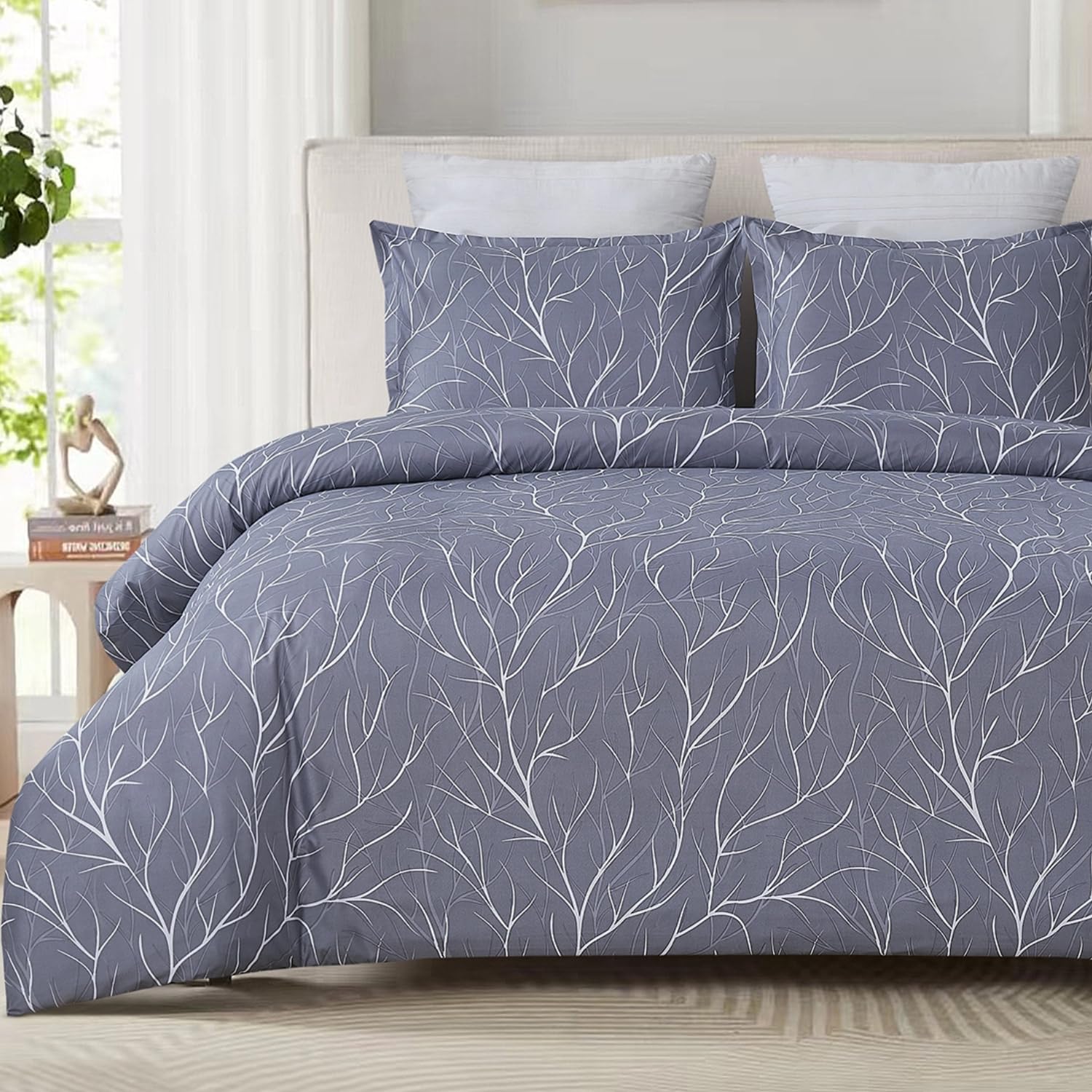 YEPINS Soft Bedding Duvet Cover Set with Zipper Closure and Corner Ties, Blossom/Branch Floral Printed Patter, Grey Branches- Brushed Microfiber King Size(230X220CM) โ image 1