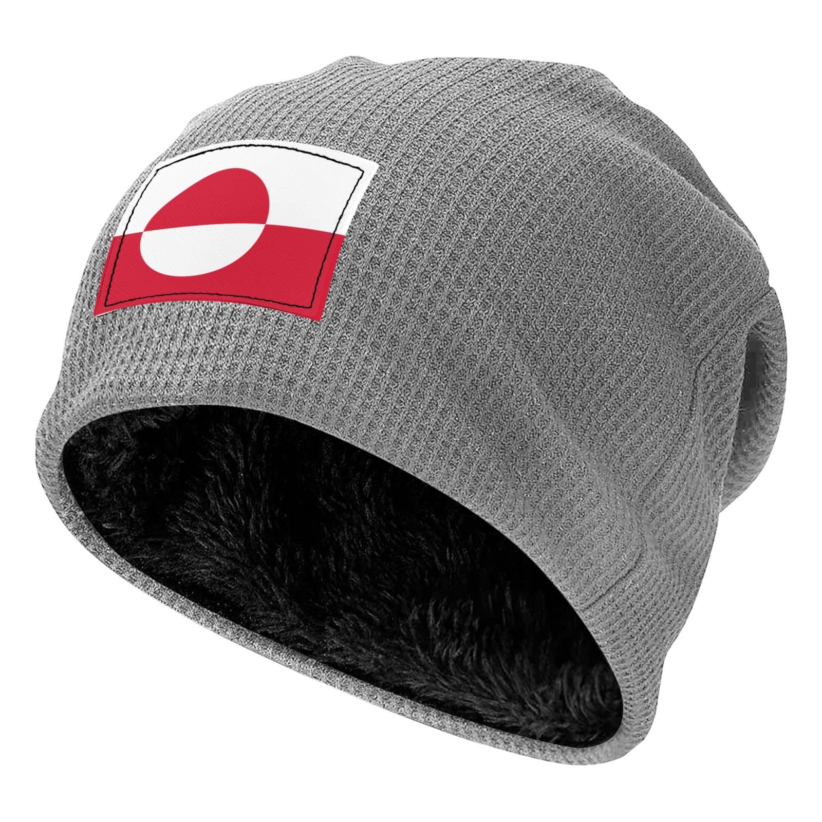 Light Grey Waffle Knit Pullover Hat, Exquisite Greenland Flag Pattern Fleece Lined Beanie, Warm and Soft Winter Cap, Light Grey, One Size