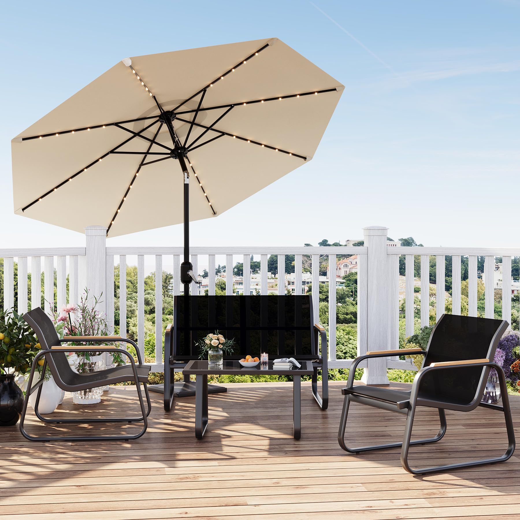 4 Teiliges Outdoor Gartenmöbel Set, Sofa, 2 Sessel & Glastisch Langlebig | Aus Stahl ,Wetterfestes Von Balkonmöbel,Für Garten, Balkon Oder Terrasse,Einfache Montage
