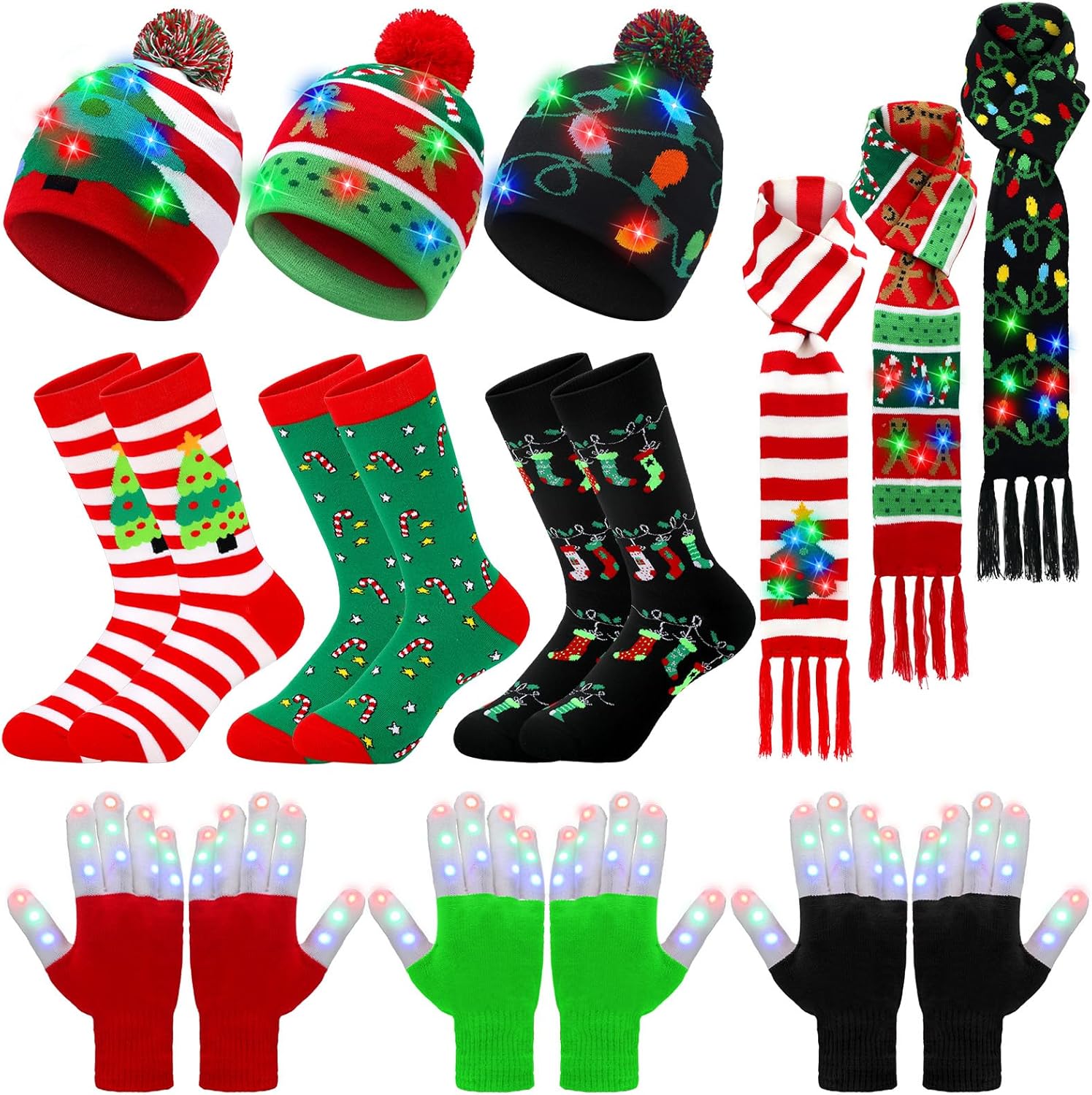 JenPen 12 Pieces Light up Christmas Hat Xmas Light up Scarf