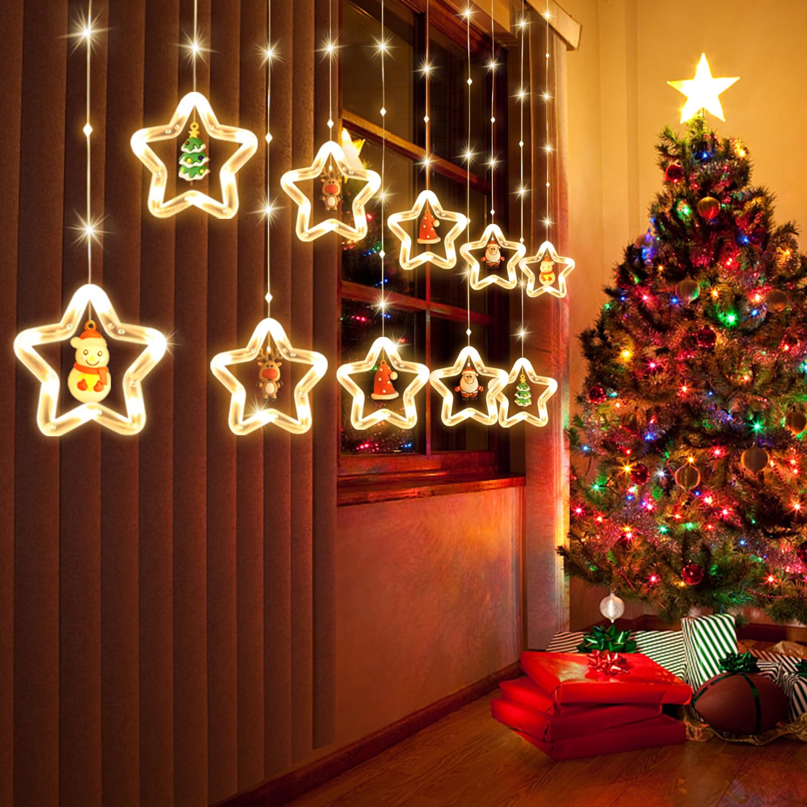 BLOOMWIN Christmas Window Lights, 3m Christmas Star Curtain Lights USB Xmas Fairy Lights Novelty Window Winter Decorations For Bedroom Indoor Home, Warm White - View #5