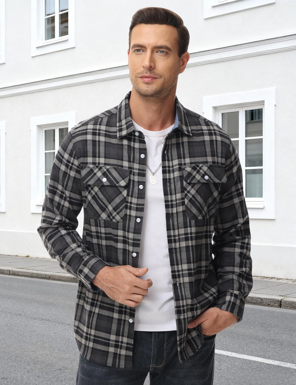 TACVASEN Mens Flannel Shirt Long Sleeve Plaid Shirts Cotton Lightweight Casual Button Down Work Shirt with 2 Pockets - Image 2