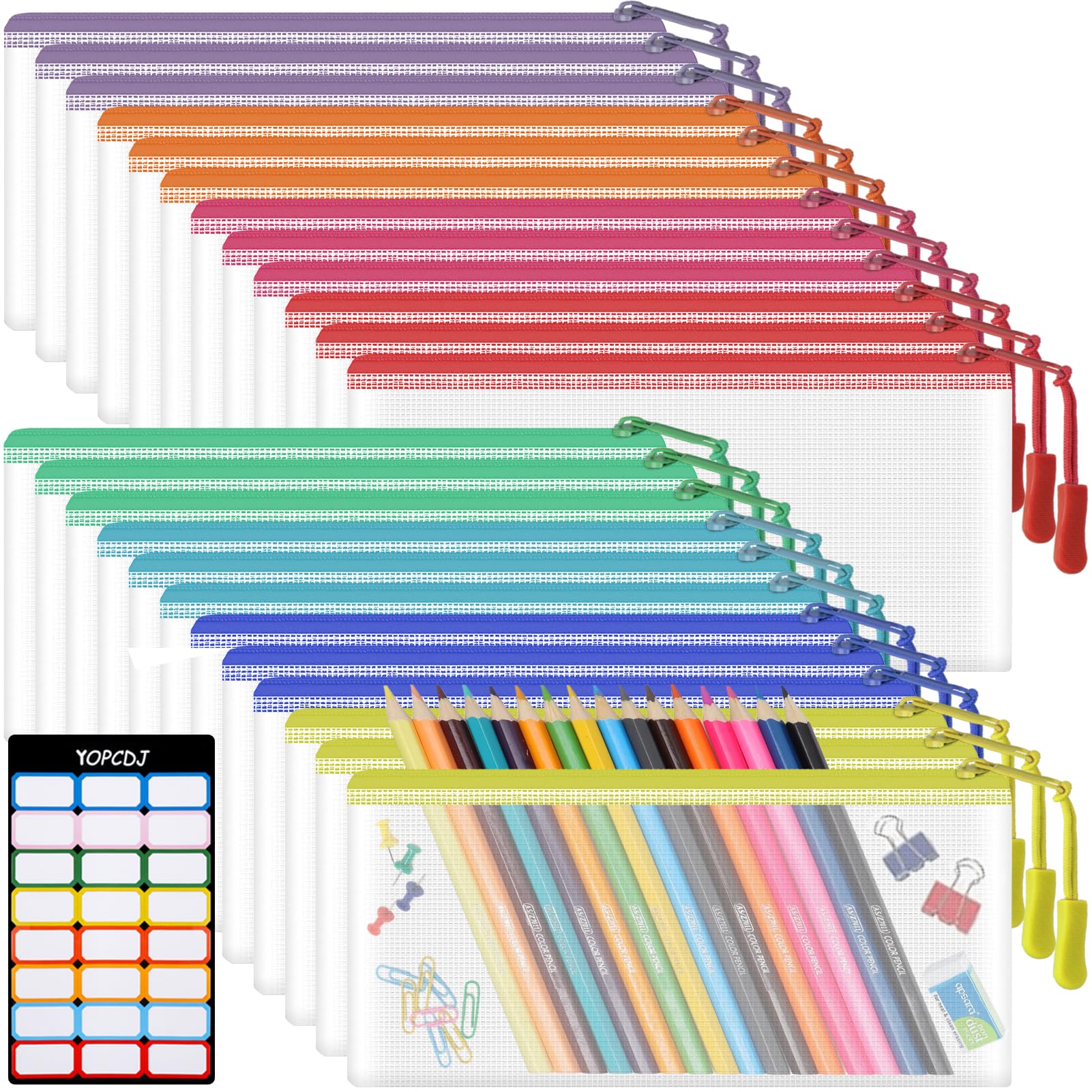 YOPCDJ24pcs Pencil Pouches Bulk, Mesh Zipper Pouch Bags 9.3 x 4.7 Inches, 8 Color Small Clear Pencil Case Bags for Travel Cosmetics, Classroom Organization and School Office Supplies