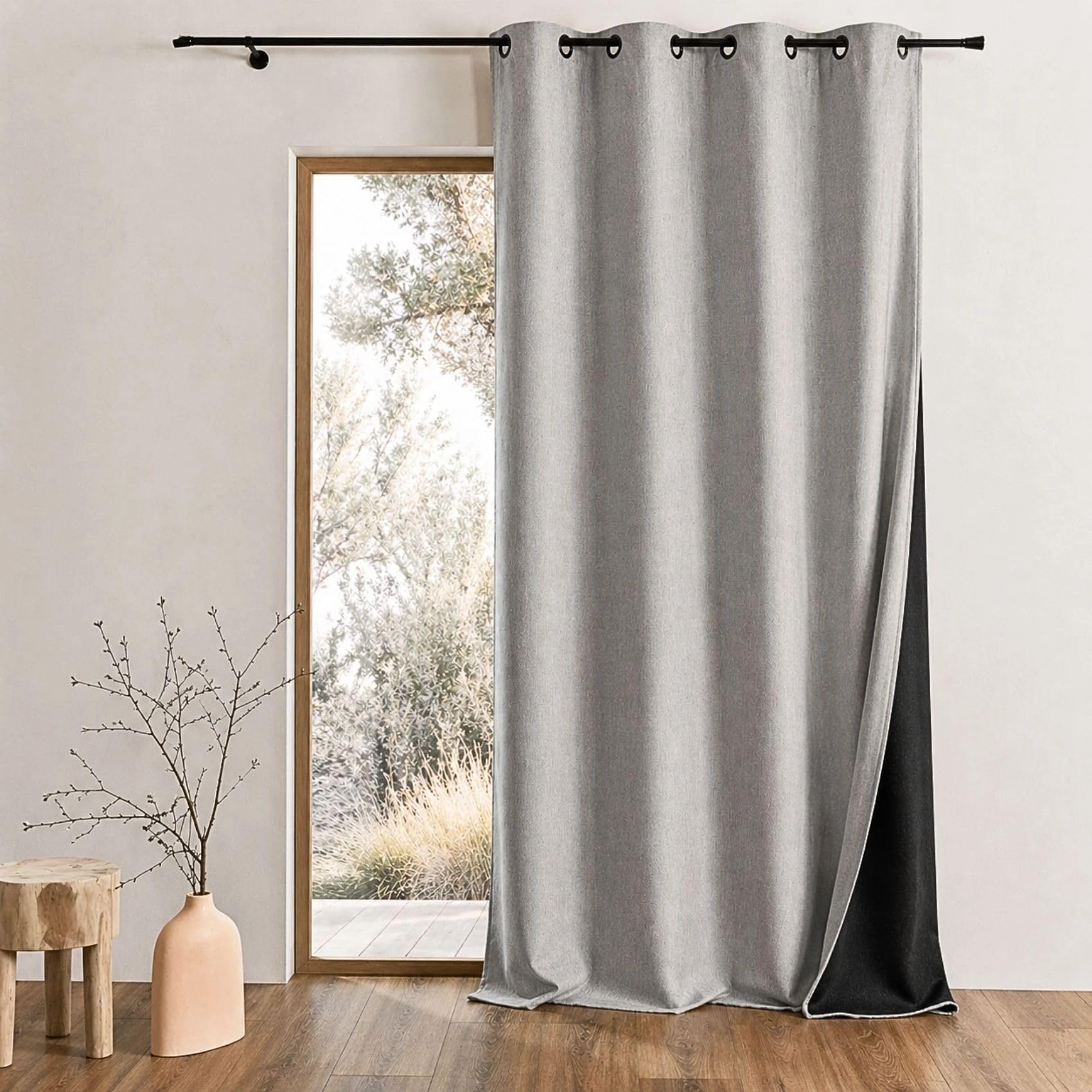 Rideau Thermique Phonique KONFOR - Flanelle Polyester - Occultant Isolant Froid et Bruit - Chambre Salon Bureau - 8 Oeillets - 250 x 260 cm - Gris Perle