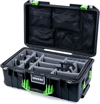 Black Pelican Air 1535 Carry-on Case - With Grey Padded Dividers & Mesh Lid Organizer - Lime Green Handles & Latches.