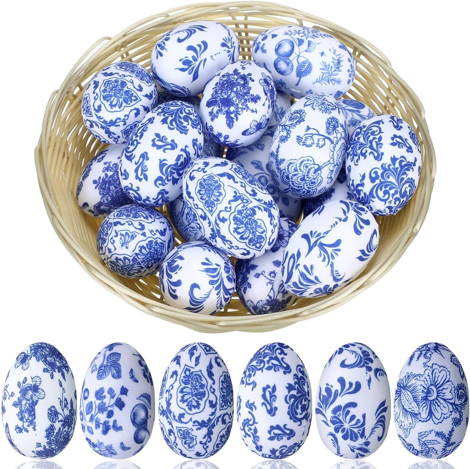 Suzile 24 Pcs Easter Eggs Blue and White Chinoiserie Spring Bowl Filler Decor Fabric Wrapped Foam Eggs for Easter Home Trays Holiday Party Decorations Basket Vase Bowl Fillers