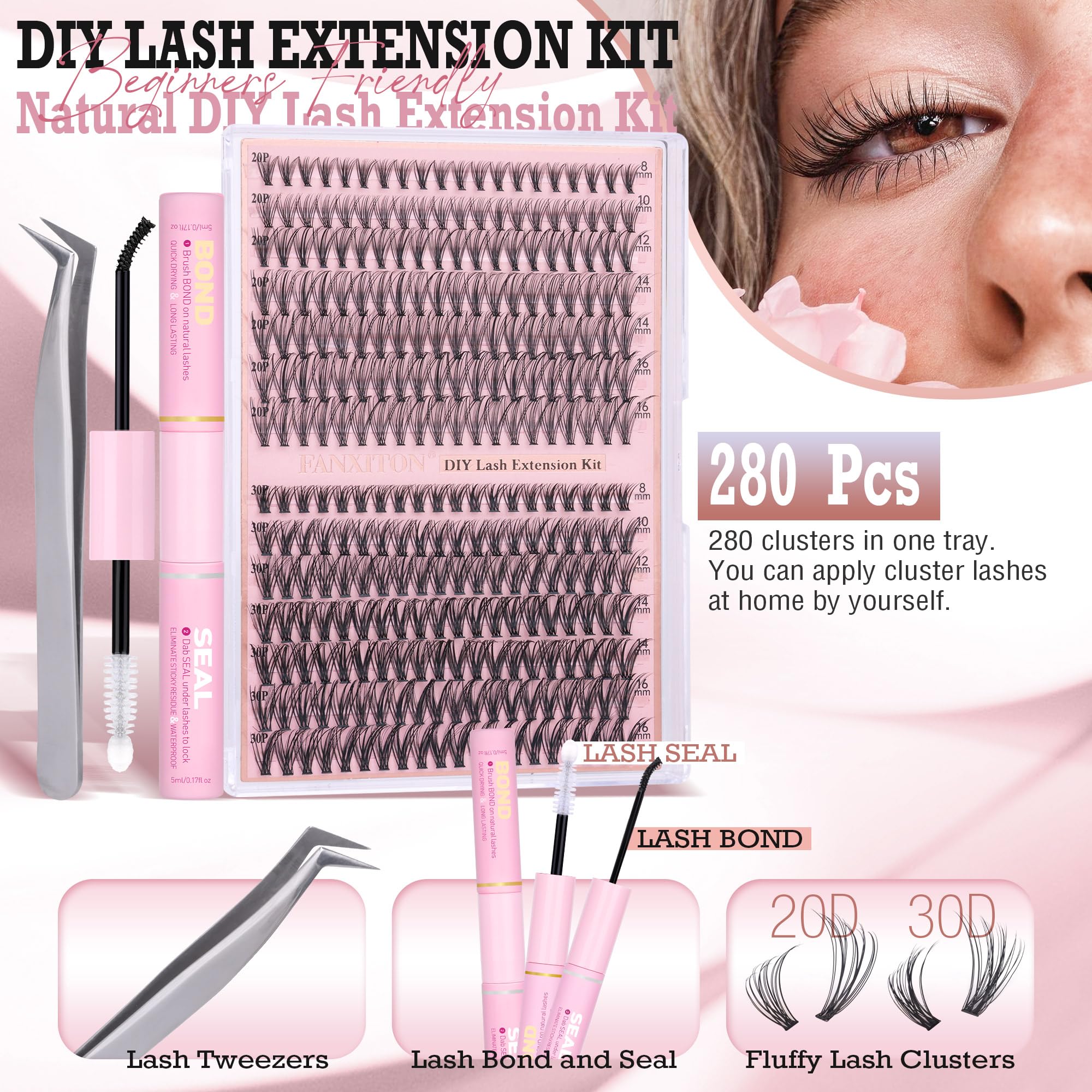 FANXITON DIY Individual Eyelash Extension Kit, Thick Volume Lash Clusters 40D+50D D Curvature, 280 Pieces Thin Band Cluster Lashes with Bond and Seal Tweezers: (NG04)DIY Lash Extension Kit-D